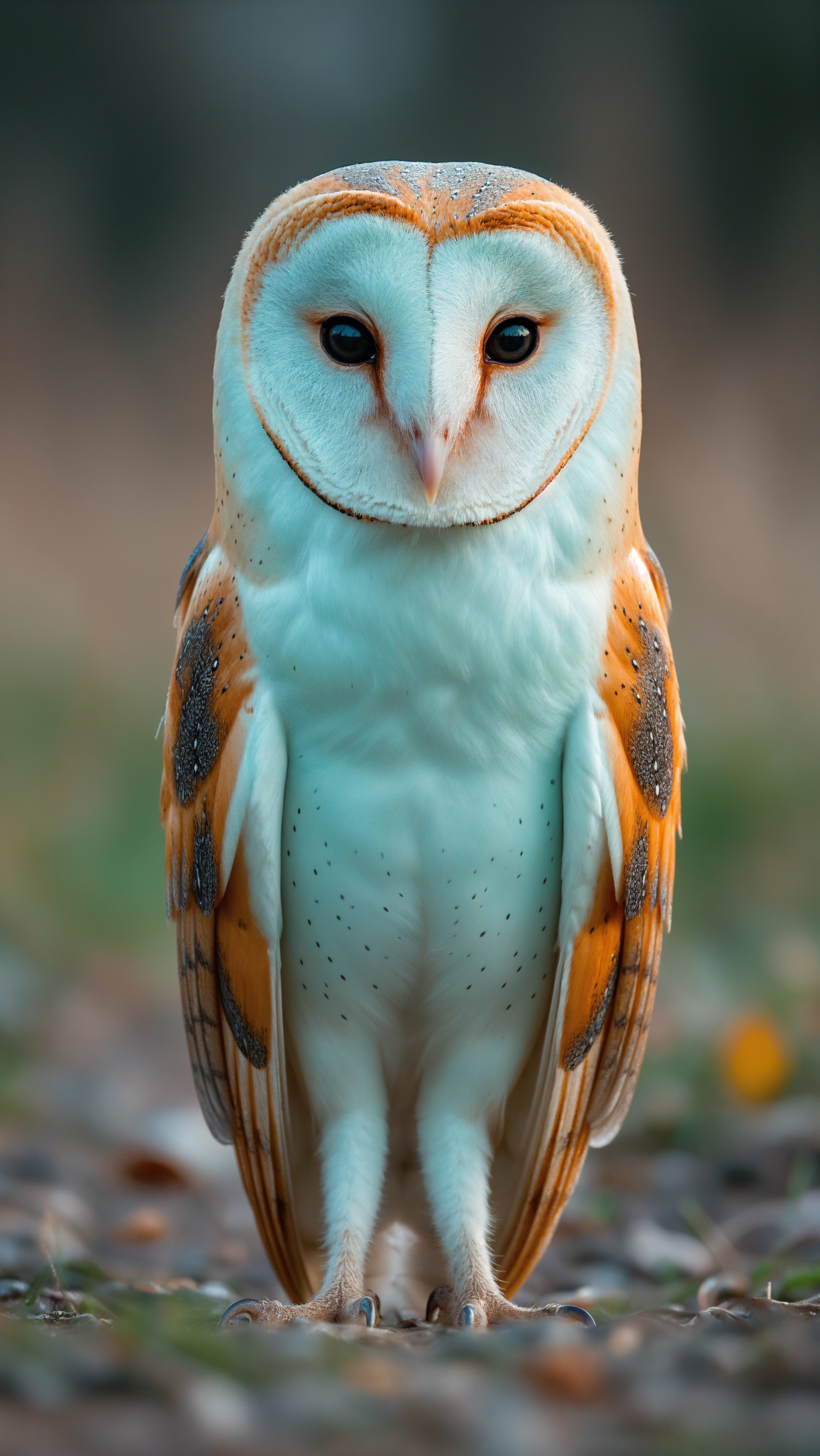Barn owl portrait: a white-faced owl standing upright with warm brown markings and speckled chest, soft blurred background — vertical phone/iPhone wallpaper.