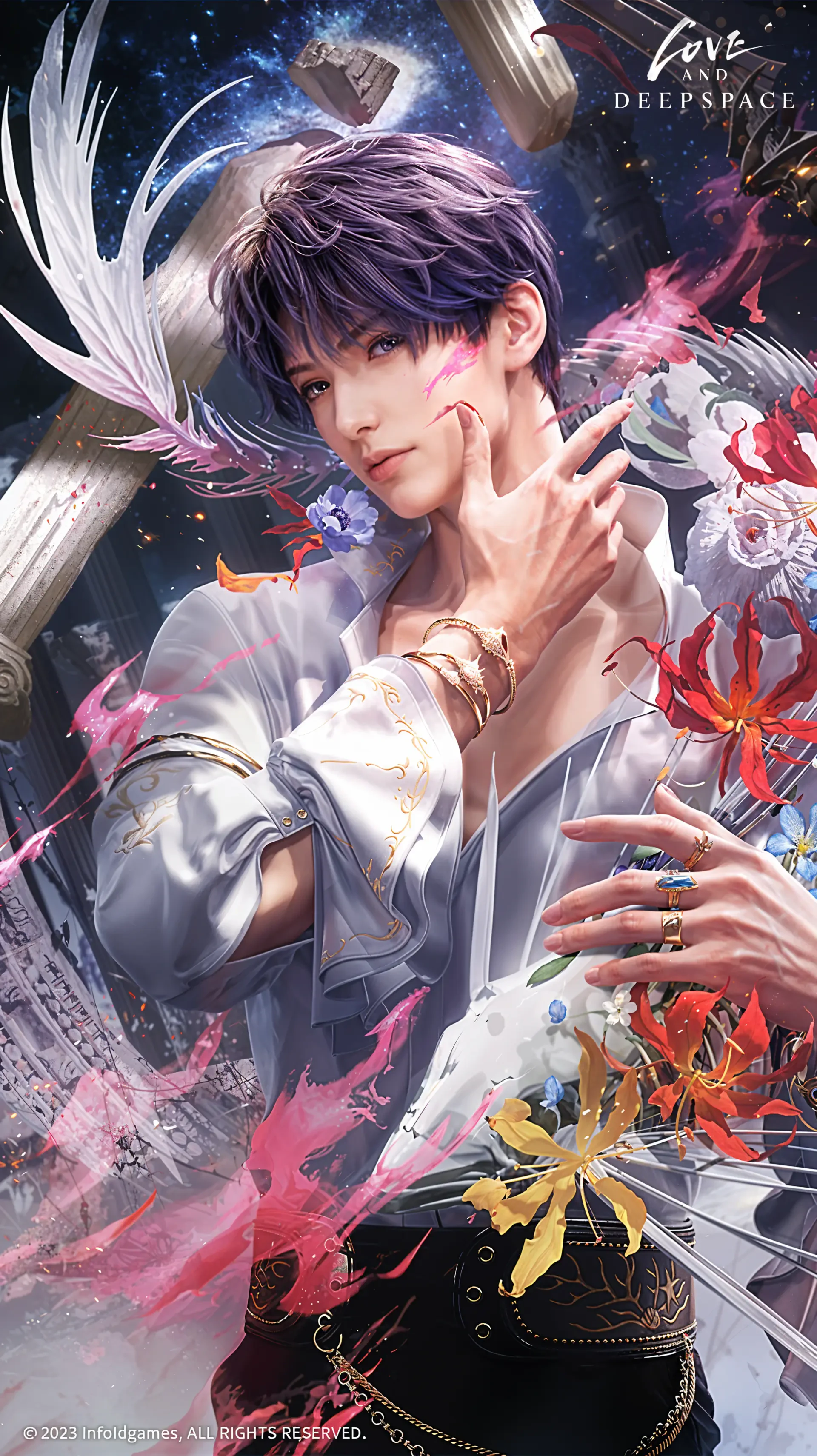 iPhone wallpaper: anime portrait of Rafayel from Love and Deepspace — purple‑haired man with feathered wings, cosmic backdrop, floating flowers and ribbons, hand near his face.