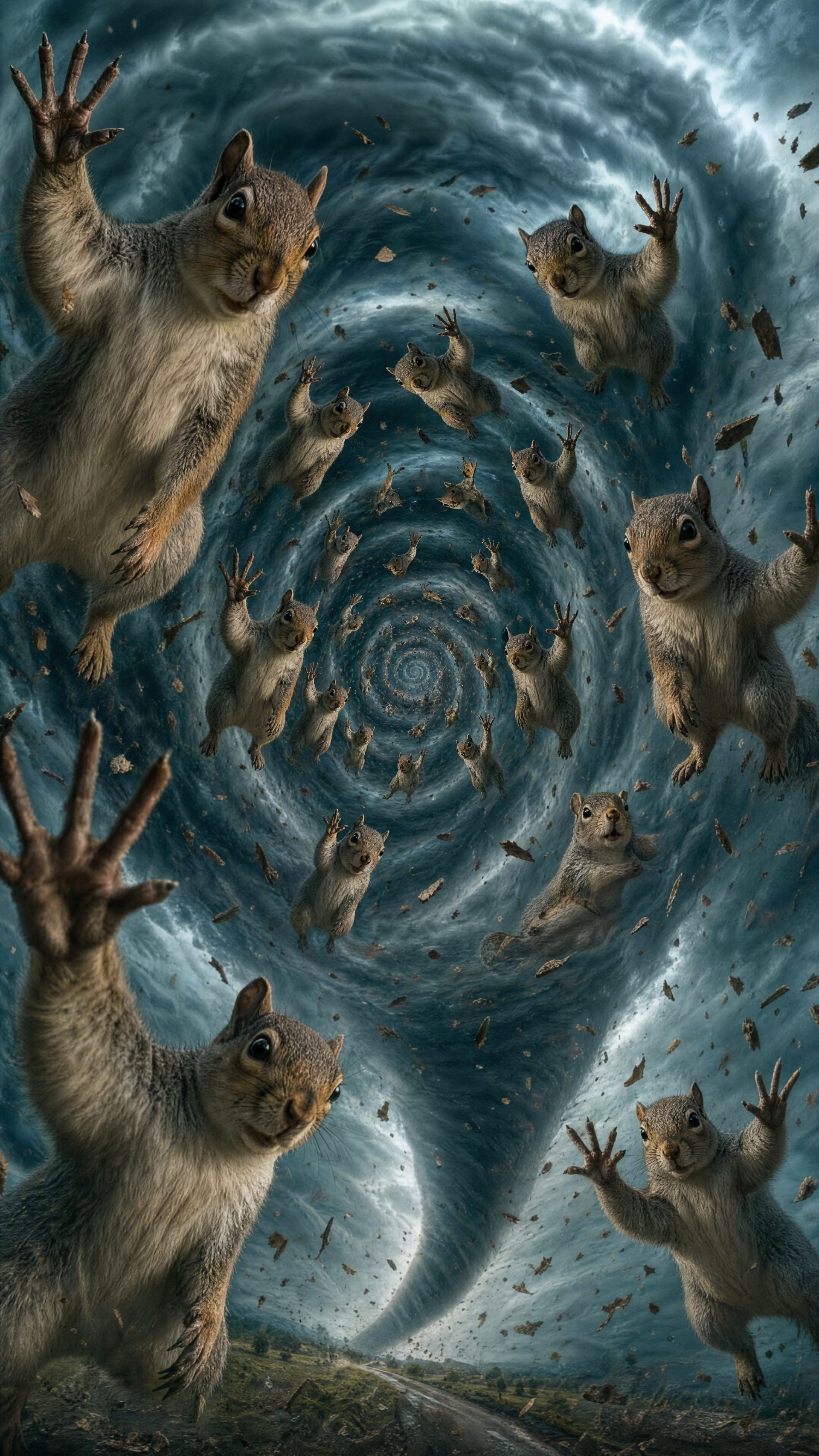 Tornado Squirrel iPhone wallpaper — squirrels spiraling inside a massive tornado beneath a dark, debris-filled storm sky, some reaching toward the viewer.