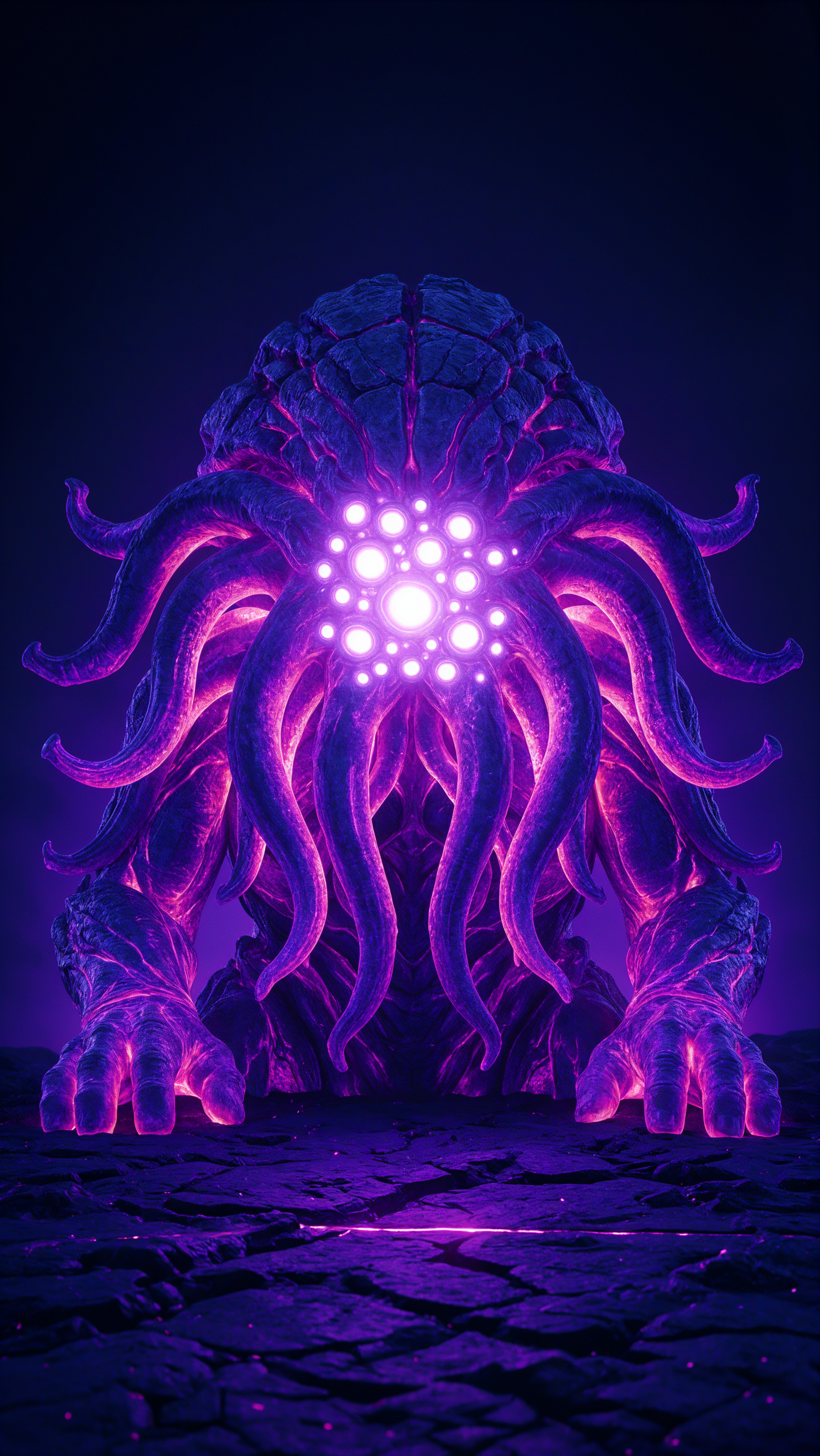 iPhone wallpaper of an elder god alien monster: a radiant central eye cluster surrounded by glowing purple tentacles, looming menacingly above cracked stone.
