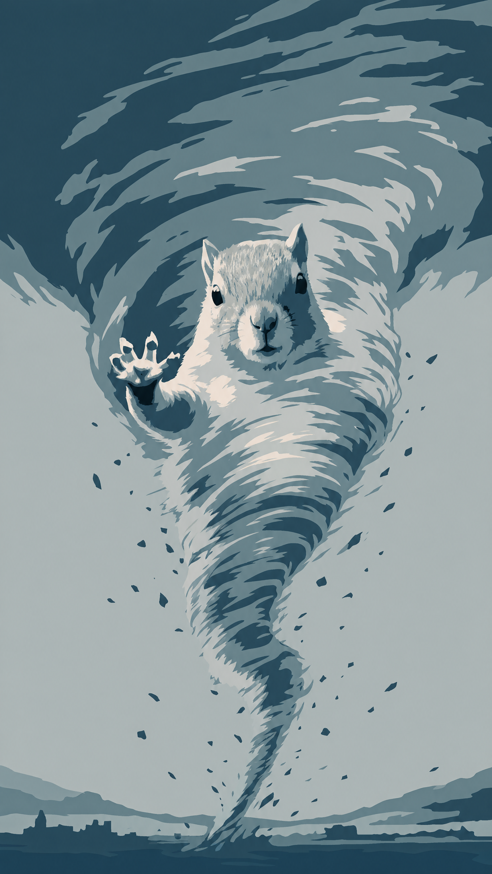 Tornado Squirrel iPhone wallpaper: a squirrel's body forms a swirling tornado, paw extended as it towers over a distant landscape.