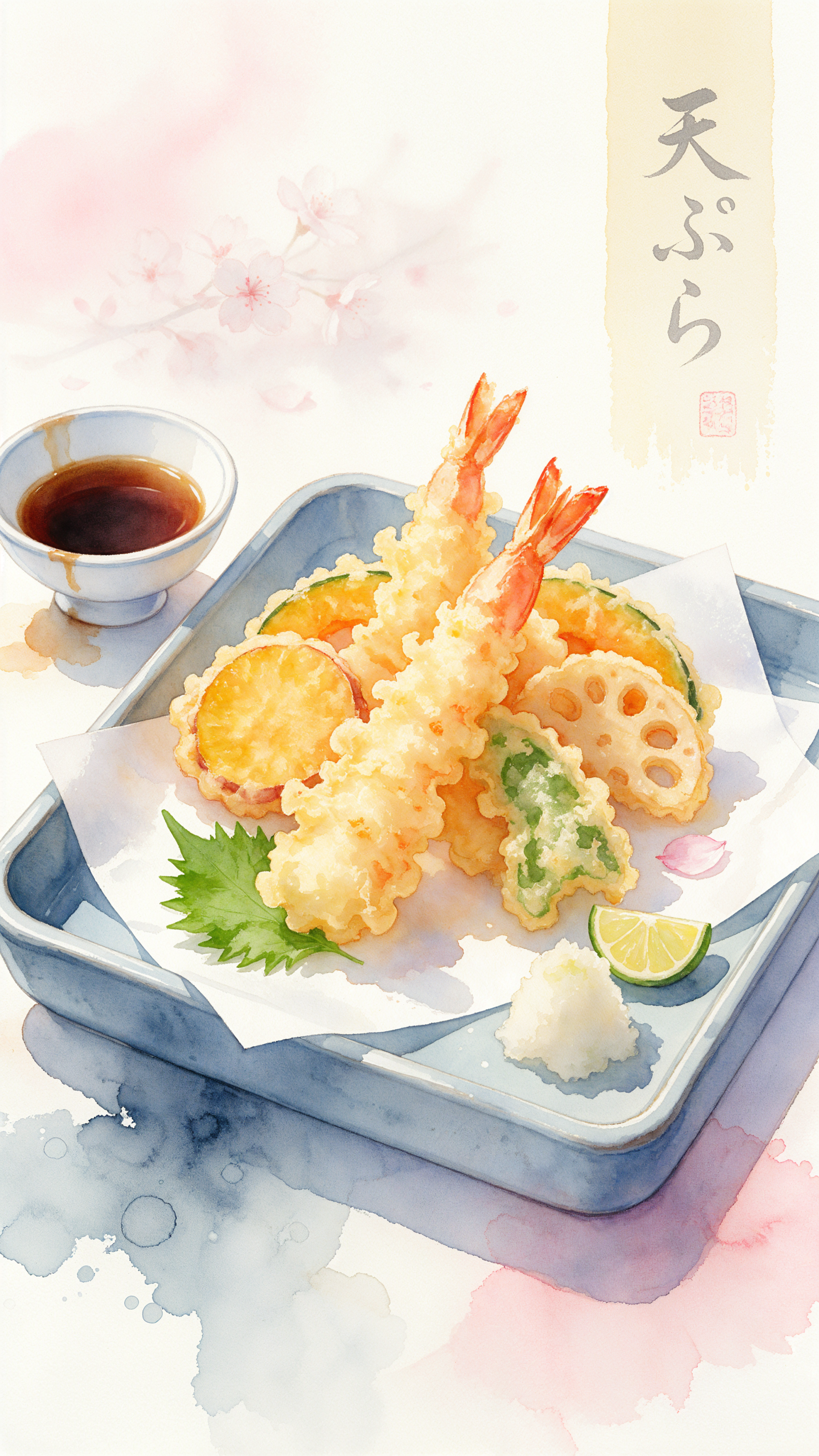 Watercolor iPhone wallpaper of shrimp tempura on a ceramic tray with dipping sauce, lime wedge, grated daikon, sakura blossoms and Japanese calligraphy.