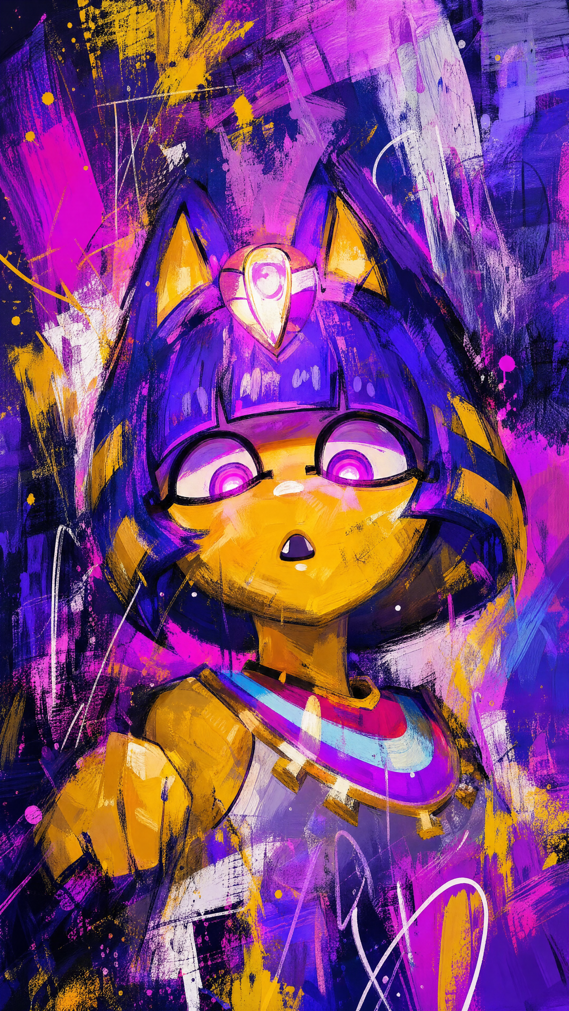 Ankha anime-style cat portrait in vivid purple and gold paint-splatter, wearing an Egyptian headpiece with wide eyes — bold iPhone wallpaper.