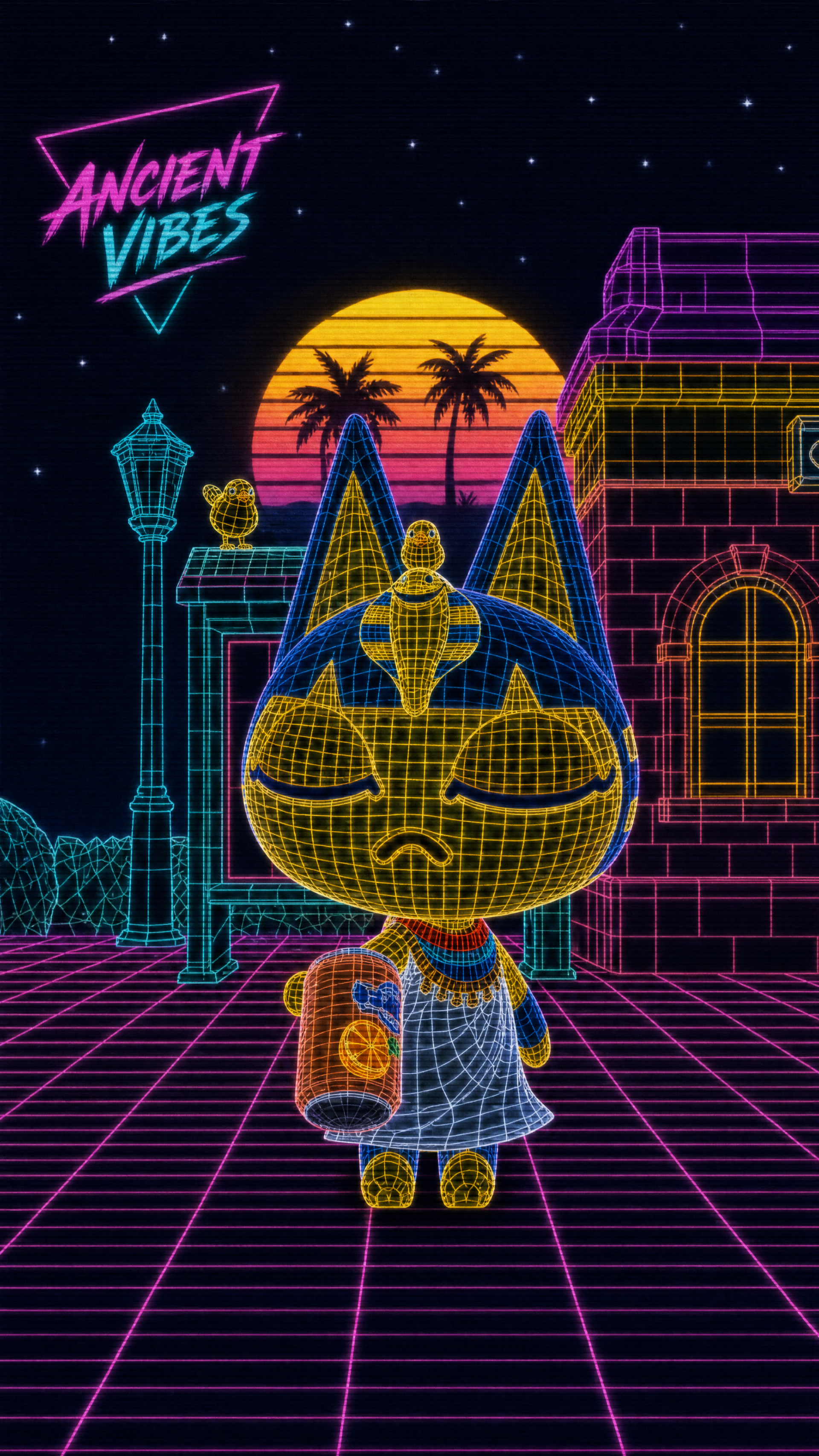 Neon wireframe Ankha cat centered on a retro grid cityscape with palm-sunset and Ancient Vibes logo — iPhone wallpaper.