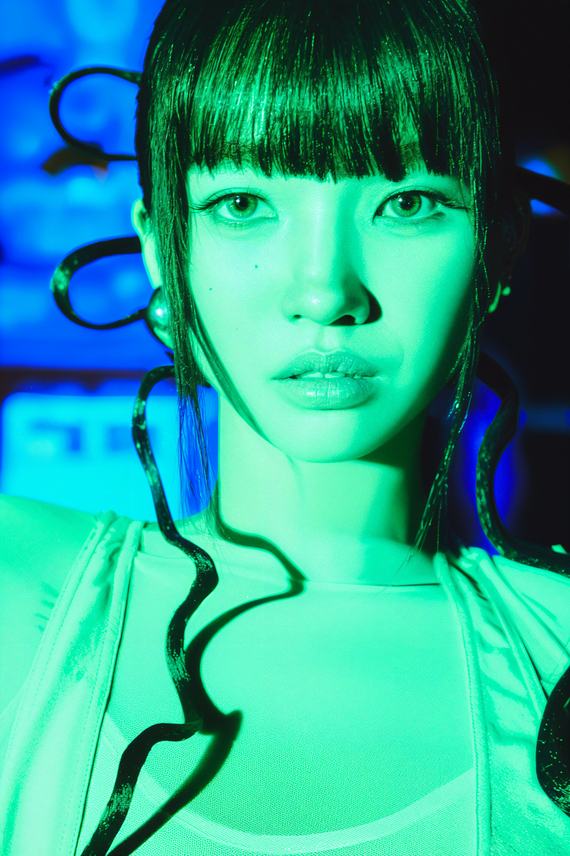 High-contrast green-lit portrait of a woman with straight bangs and sculpted curls framing her face; cinematic iPhone wallpaper inspired by What a Wonderful Life.