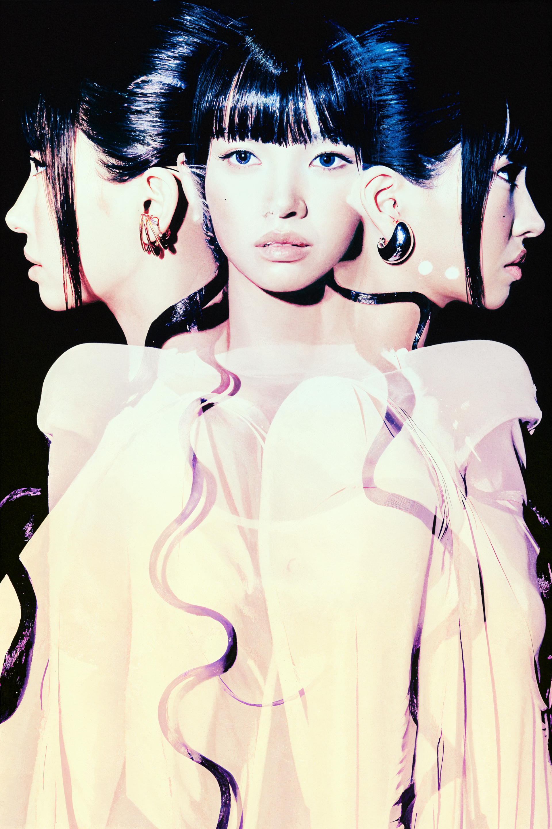 Triple-exposure portrait of a woman model with bangs and mirrored profiles, 'What a Wonderful Life' motif — vivid, high-contrast iPhone wallpaper.