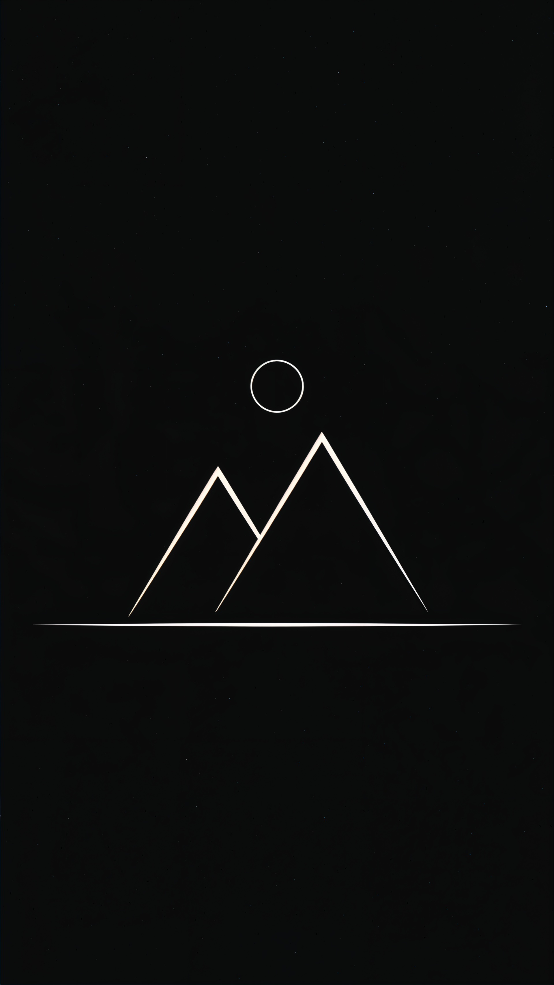 Clean line-art iPhone wallpaper: minimalist mountain landscape with two peaked mountains, a sun circle above and a thin horizon line on a black background.