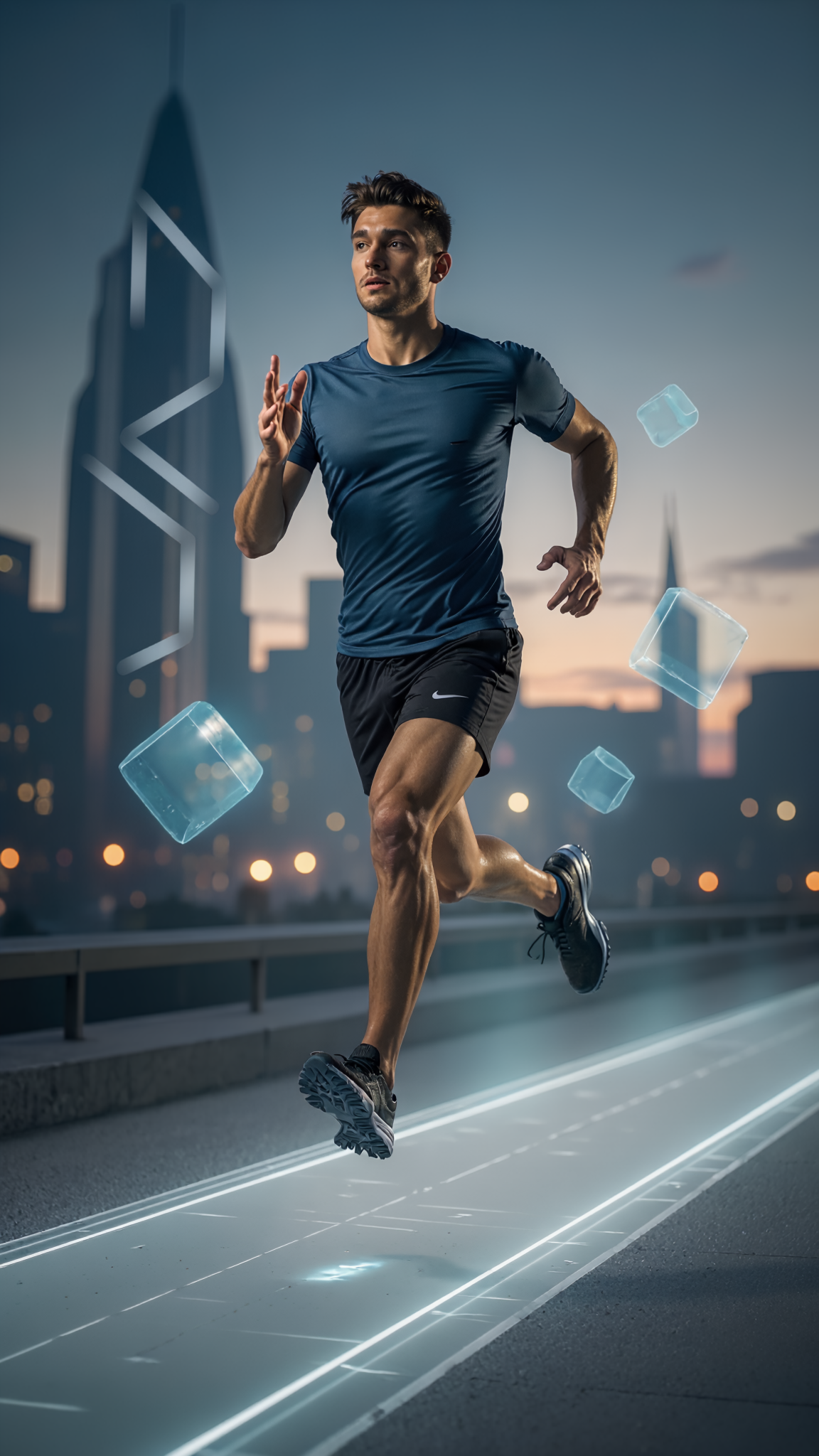 Vertical iPhone wallpaper of a man athlete running mid-stride on an illuminated city bridge at dusk, jogging forward with glowing lanes and floating light cubes against blurred skyscrapers.