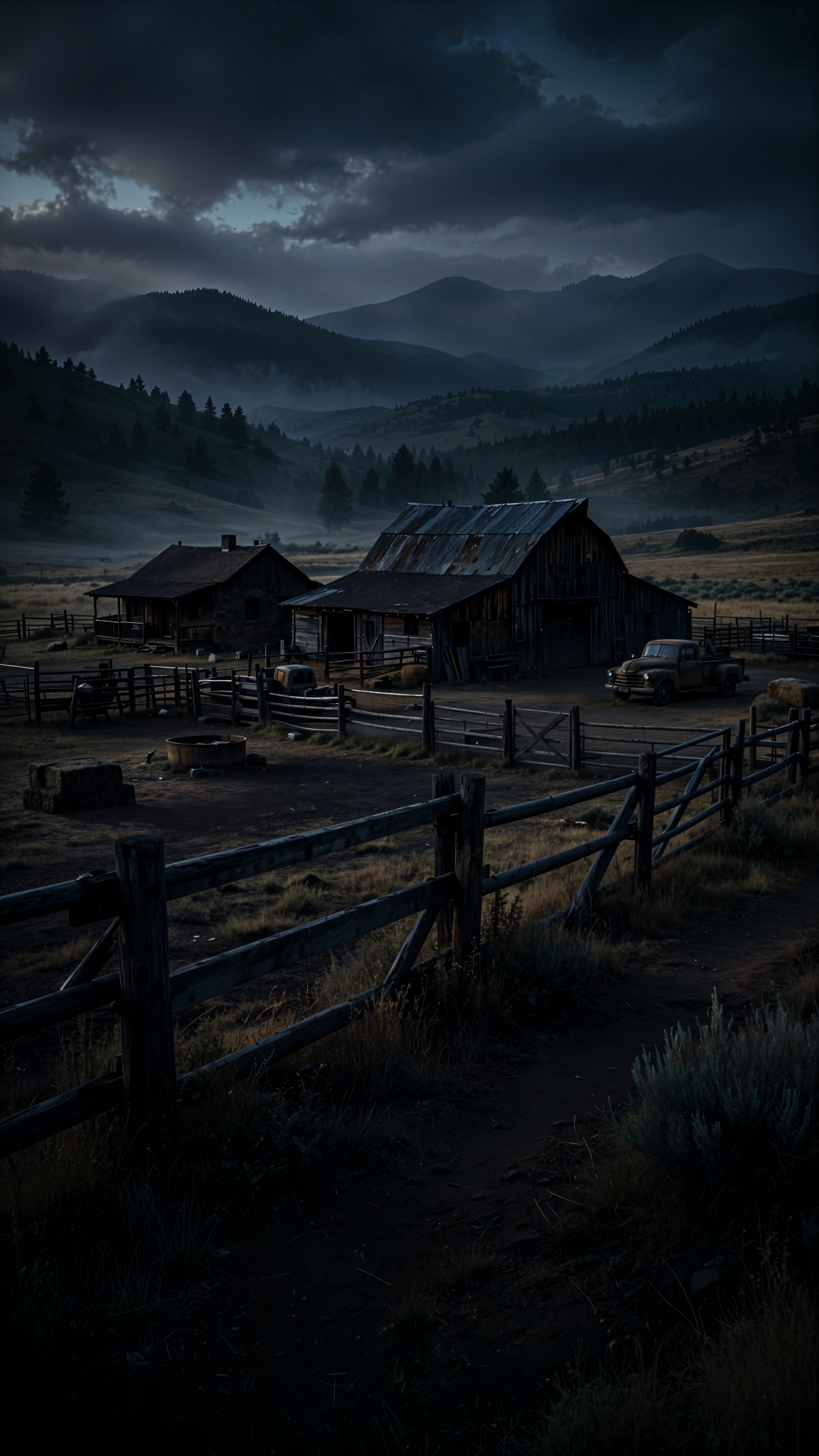 iPhone wallpaper: moody mountain ranch with a weathered barn, farmhouse and fenced farmyard beneath clouded, moonlit peaks.