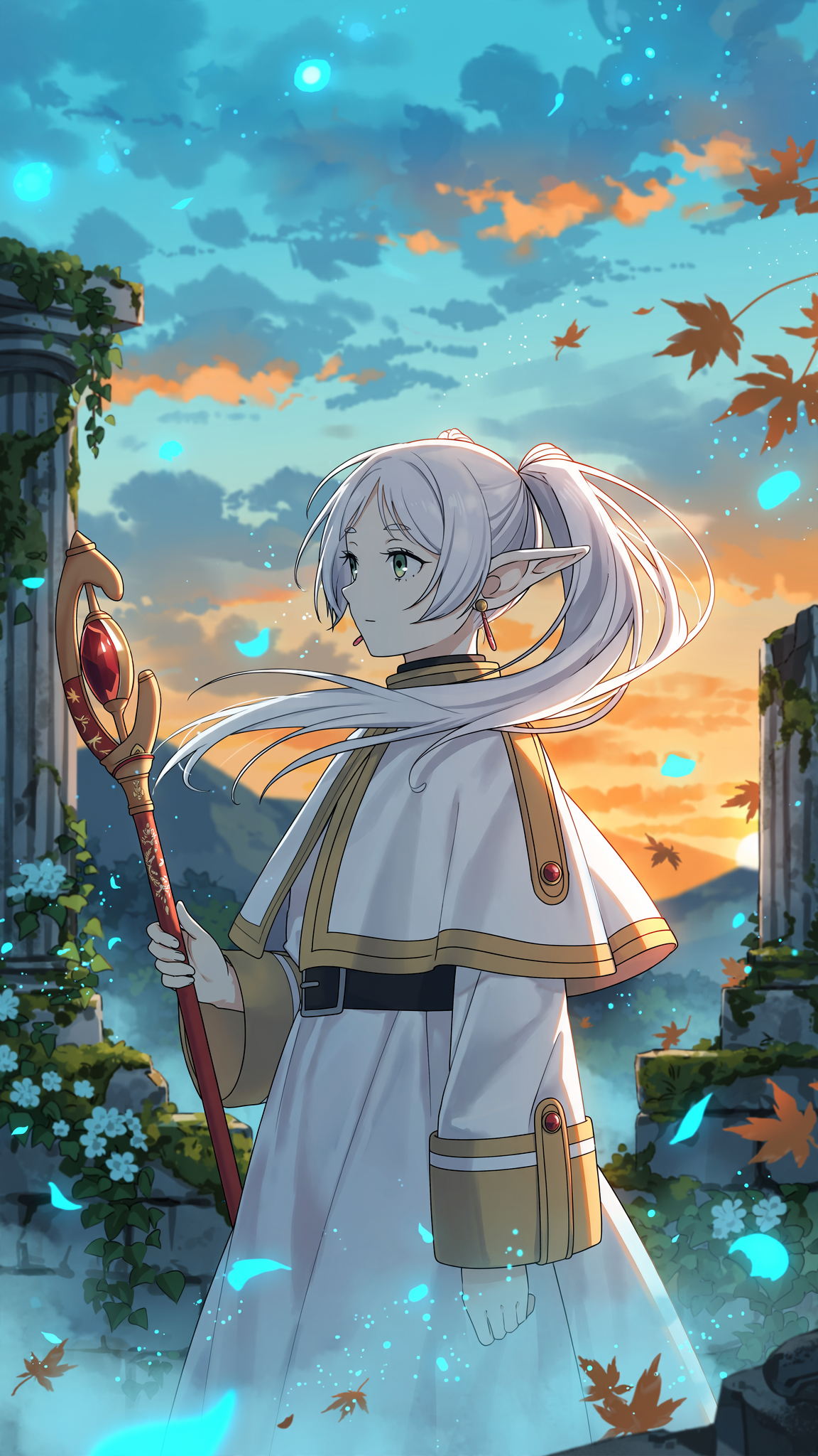 Vertical phone wallpaper from Frieren: Beyond Journey's End, showing an anime elf girl in a white robe holding a staff amid sunset ruins with falling leaves and glowing blue motes.