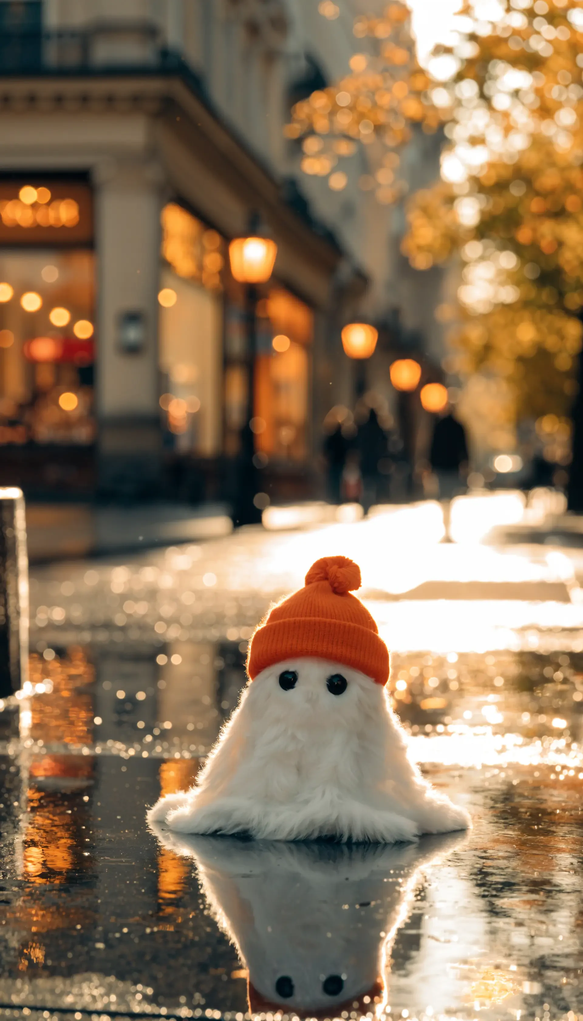 iPhone wallpaper: cute plush ghost toy in an orange beanie sits on a wet city street, warm bokeh lights and autumn glow reflected in the puddle.