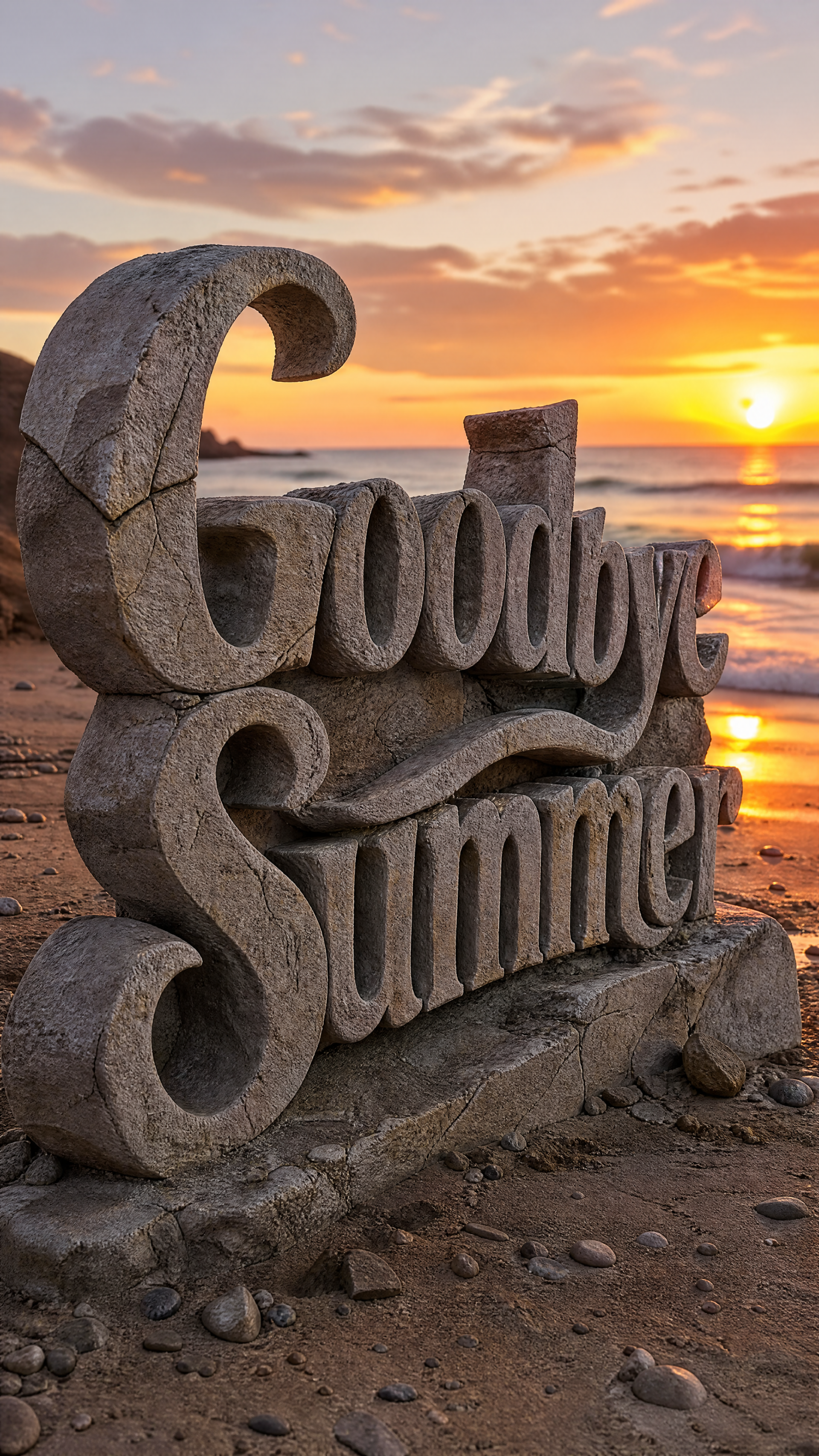 Vertical iPhone wallpaper of a carved sand sign reading Goodbye Summer on a beach at sunset.