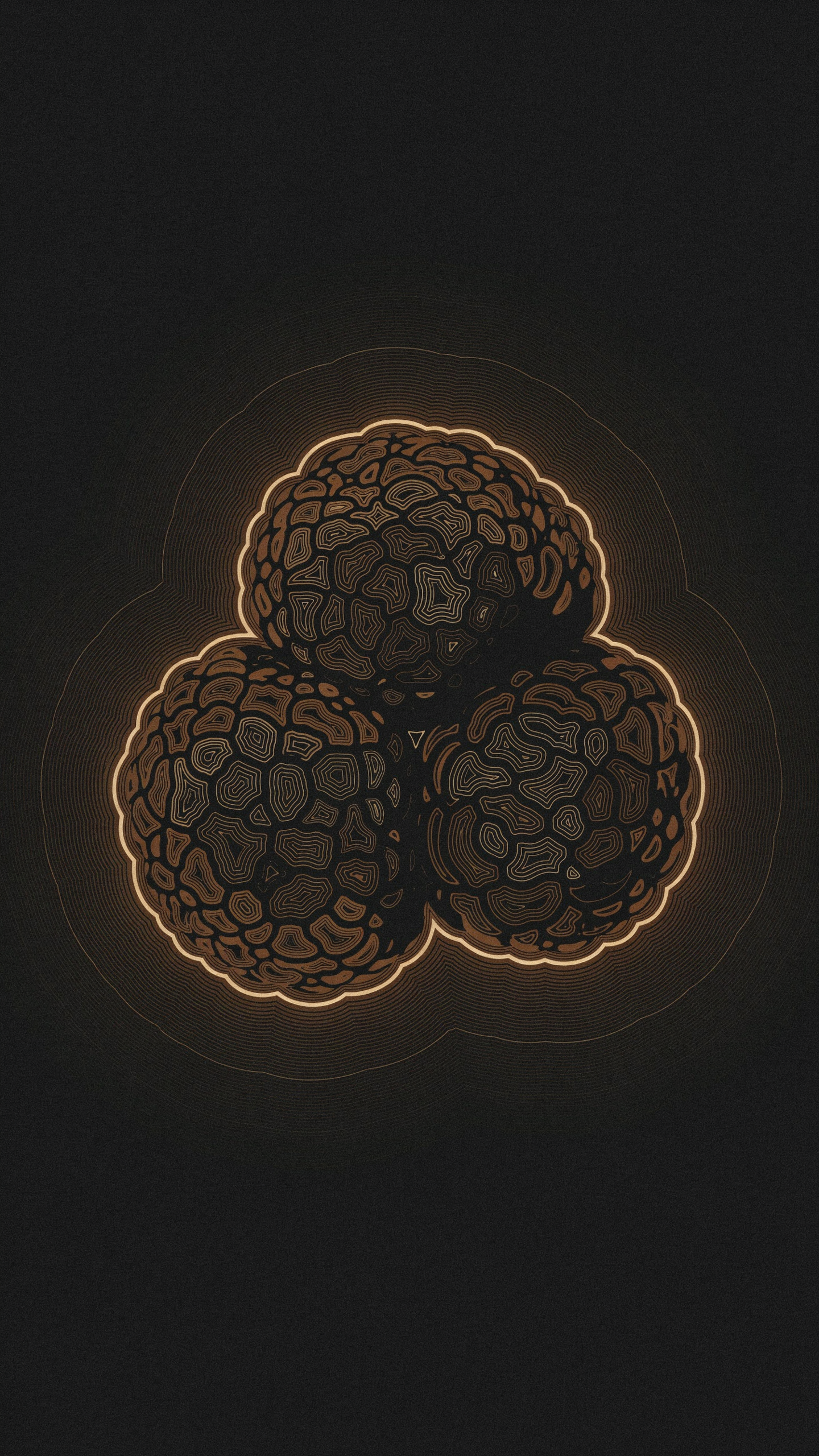 iPhone wallpaper featuring three stylized truffles (mushrooms) with maze-like textured caps and glowing golden outlines against a dark background.