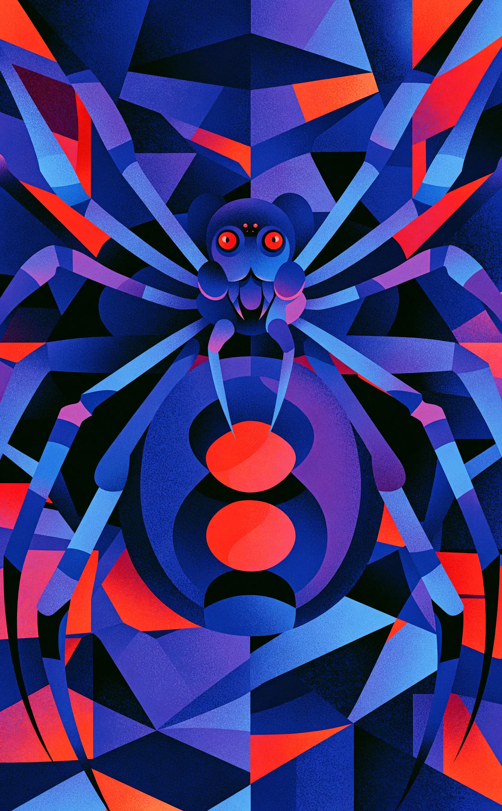 Vibrant geometric phone/iPhone wallpaper of a stylized black widow spider with glowing red eyes and red hourglass markings amid blue, purple, and red facets.