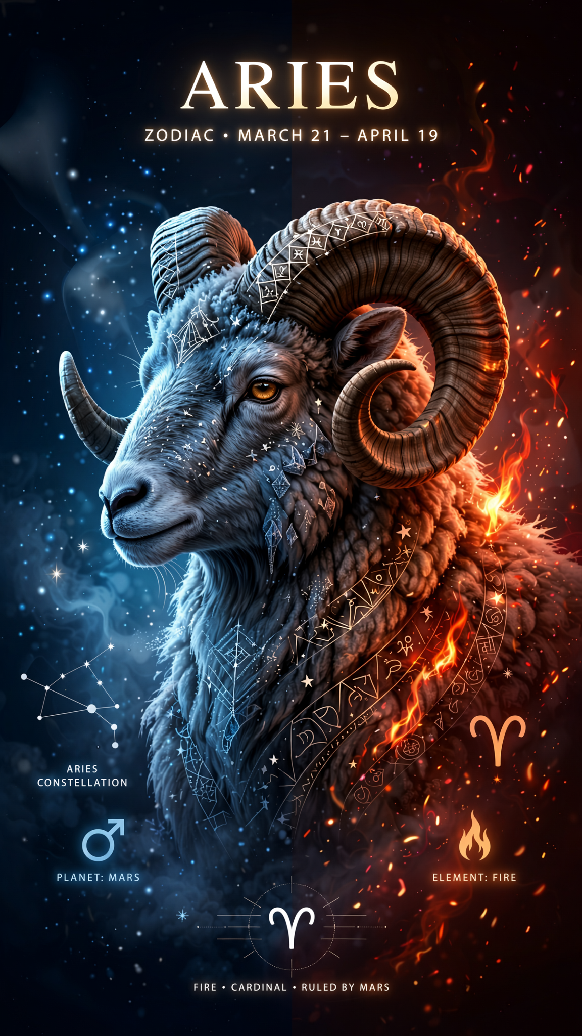 iPhone wallpaper of the Aries zodiac ram — a majestic horned ram split between icy blue constellations and fiery orange, with the Aries symbol and dates March 21–April 19.