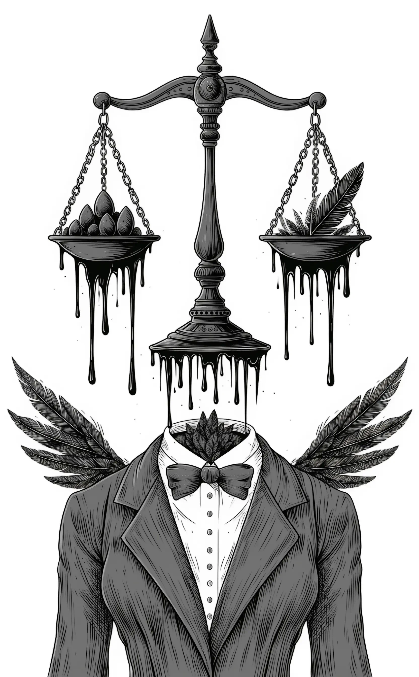 Monochrome iPhone wallpaper of a headless suit with wings beneath dripping Libra (astrology) scales—one pan holds stones, the other a feather.