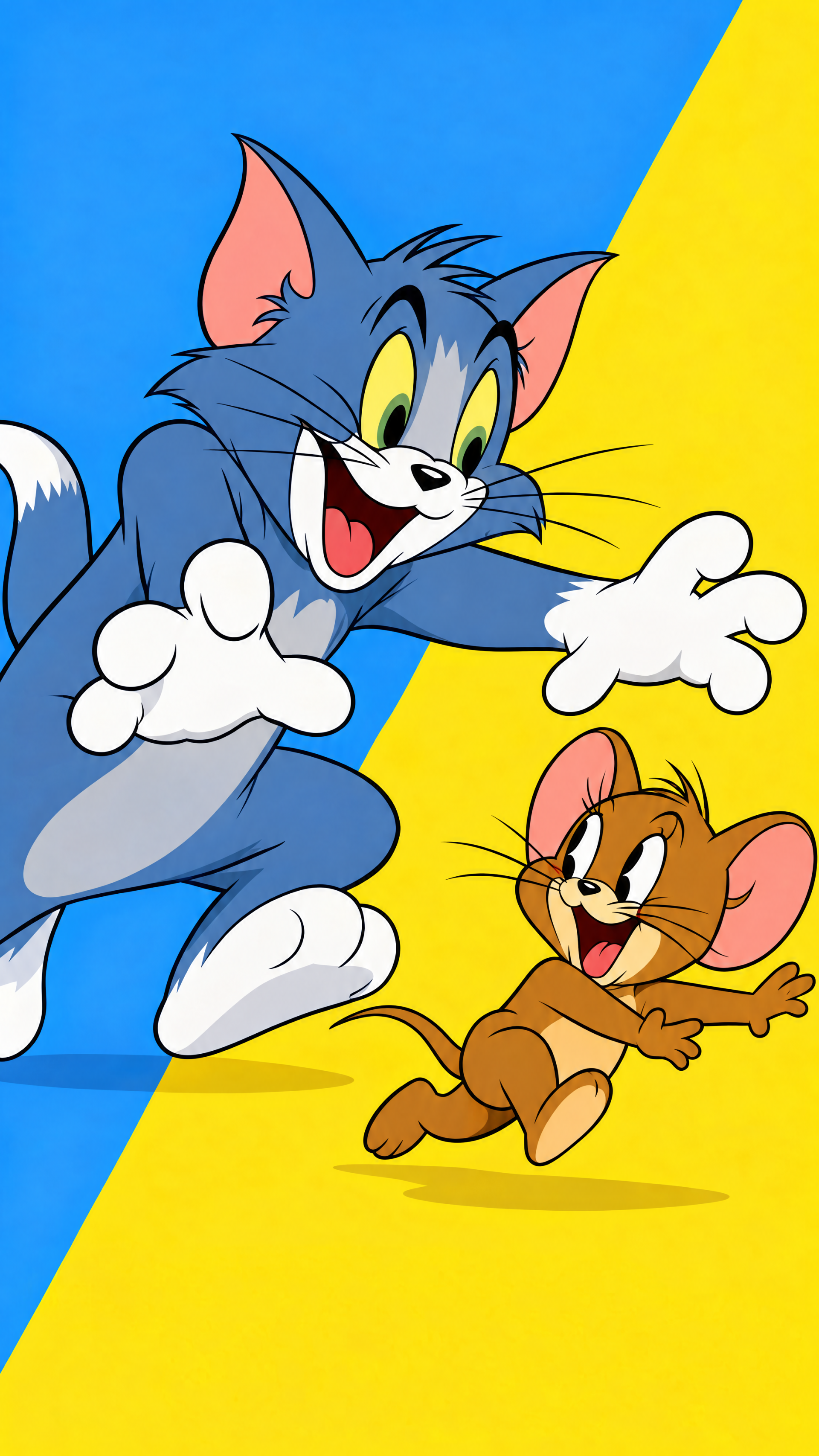 iPhone wallpaper of Tom and Jerry: cartoon Tom the cat playfully reaching for Jerry the mouse against a split blue-and-yellow background.