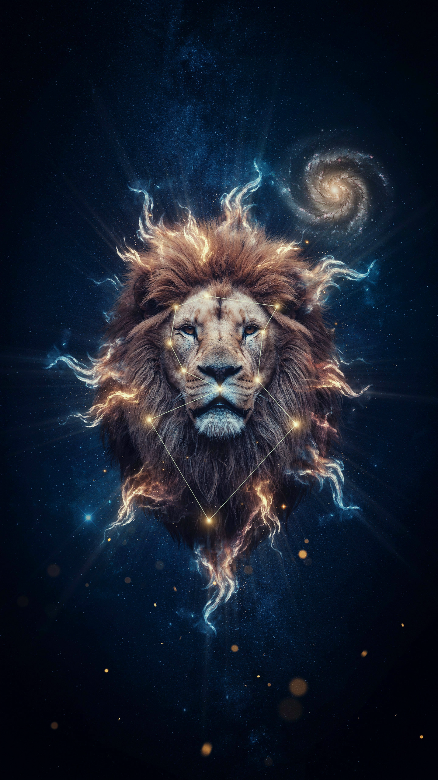 Majestic Leo (Astrology) lion phone wallpaper: a glowing, electrified mane of stars and nebulae with a spiral galaxy behind, set against a deep cosmic blue background.