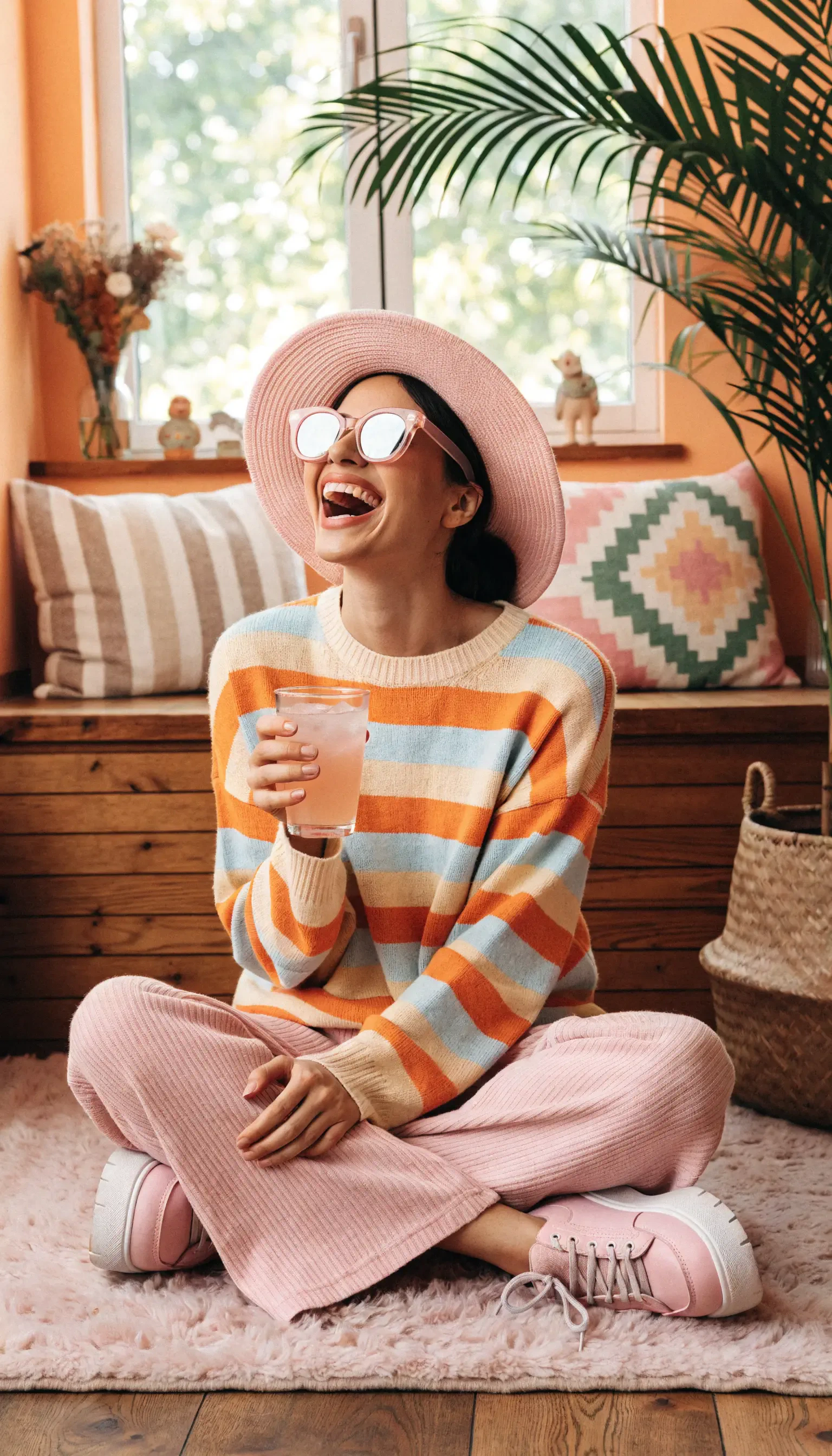Joyful woman in sunglasses and a sun hat sits cross-legged holding a drink; striped sweater and pastel room create a bright iPhone wallpaper.