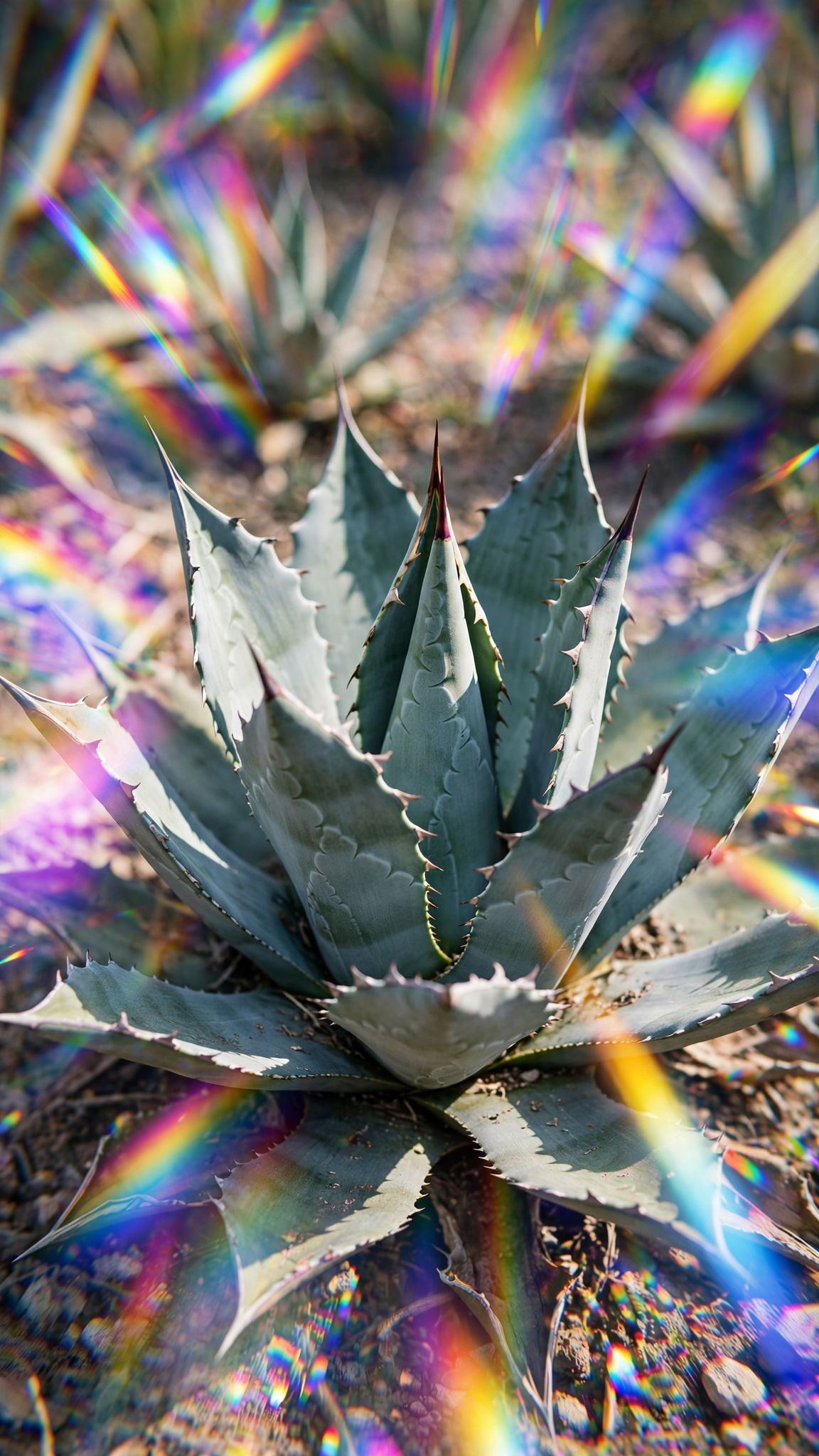 Close-up of an agave succulent plant with gray-green spiky leaves and rainbow prismatic light flares, vertical iPhone wallpaper.