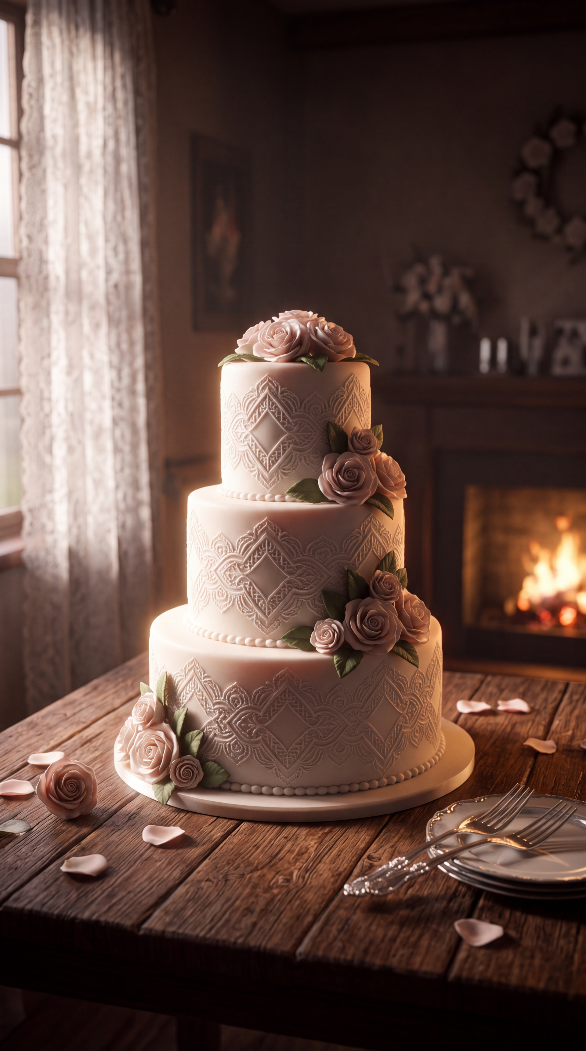 iPhone wallpaper showing a three-tier wedding cake with lace-patterned icing and blush roses on a wooden table beside a cozy fireplace