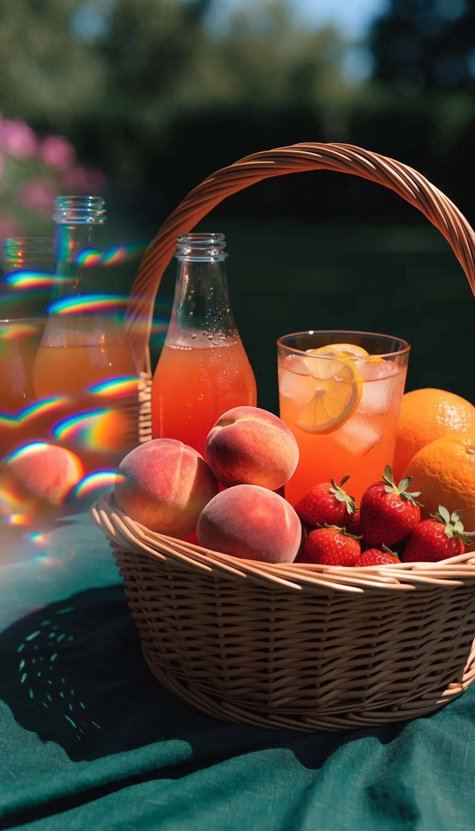 iPhone wallpaper showing a picnic basket of peaches, strawberries and oranges beside glass bottles and a lemony drink on a green blanket.