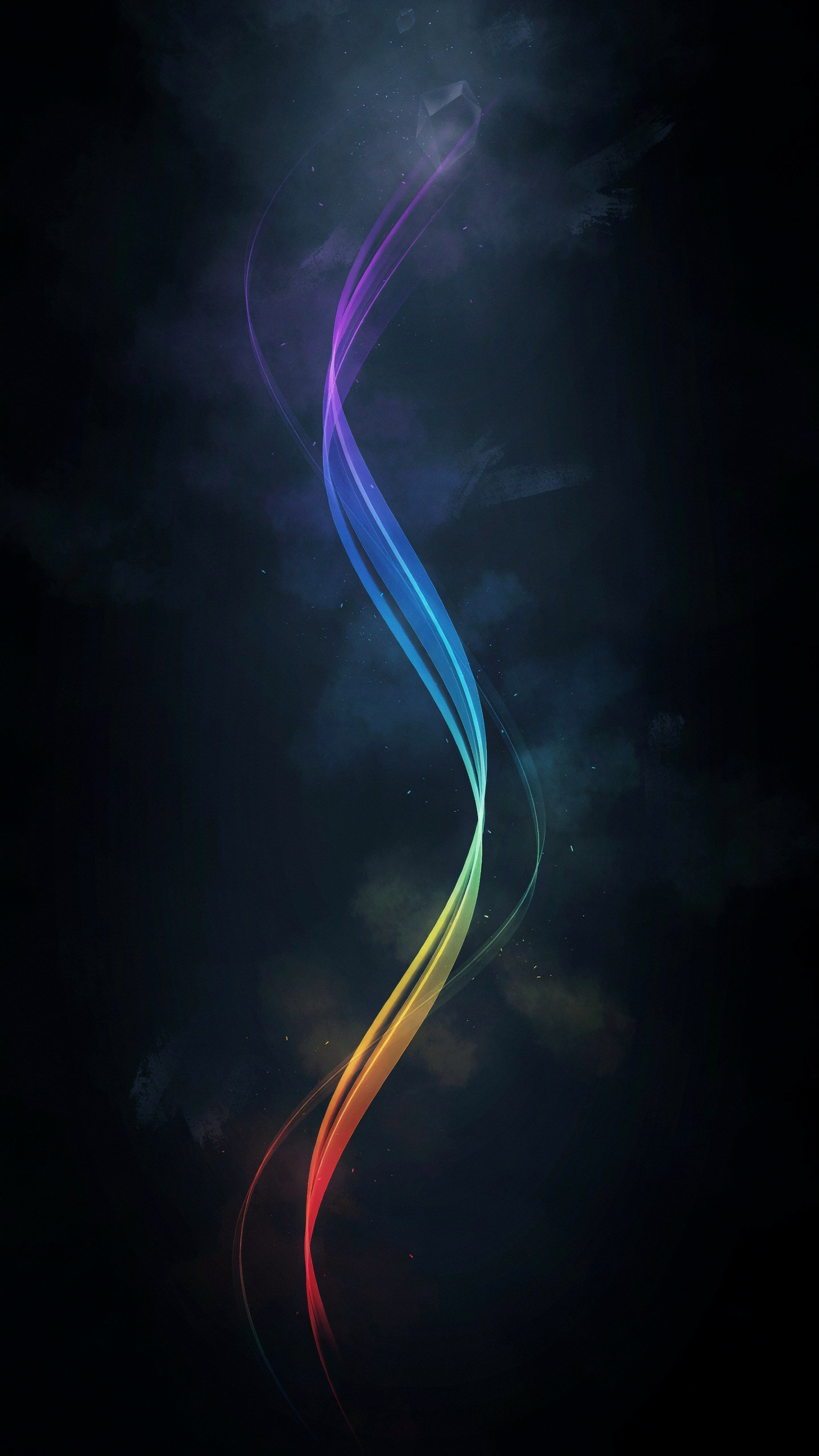 Vertical phone wallpaper: dark smoky background with a twisting ribbon-like wave of spectrum light curling from red through orange, yellow, green, blue to violet.