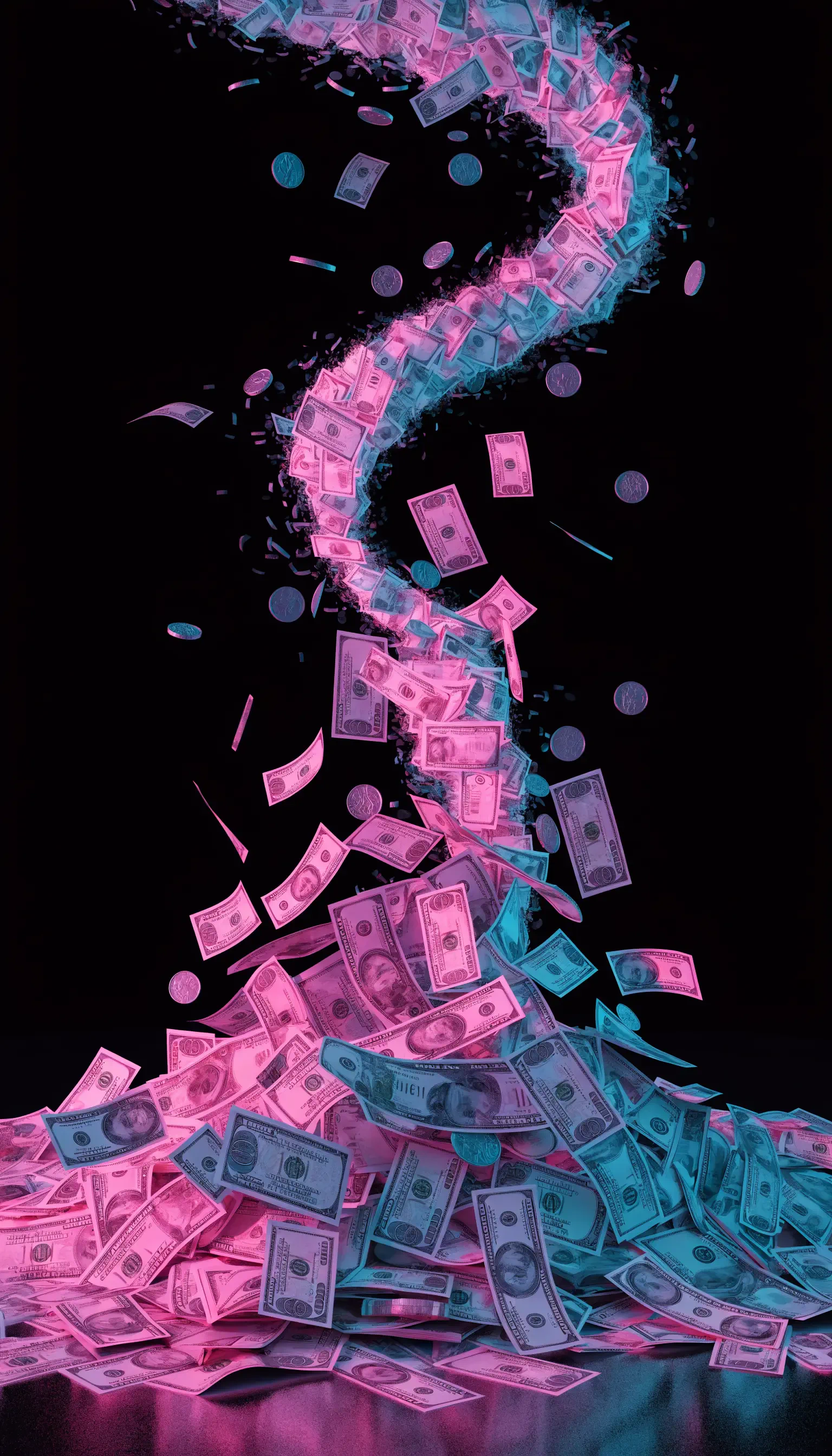 iPhone wallpaper of pink and cyan banknotes and coins spiraling upward like a cash tornado on a black background, piles of money at the base.