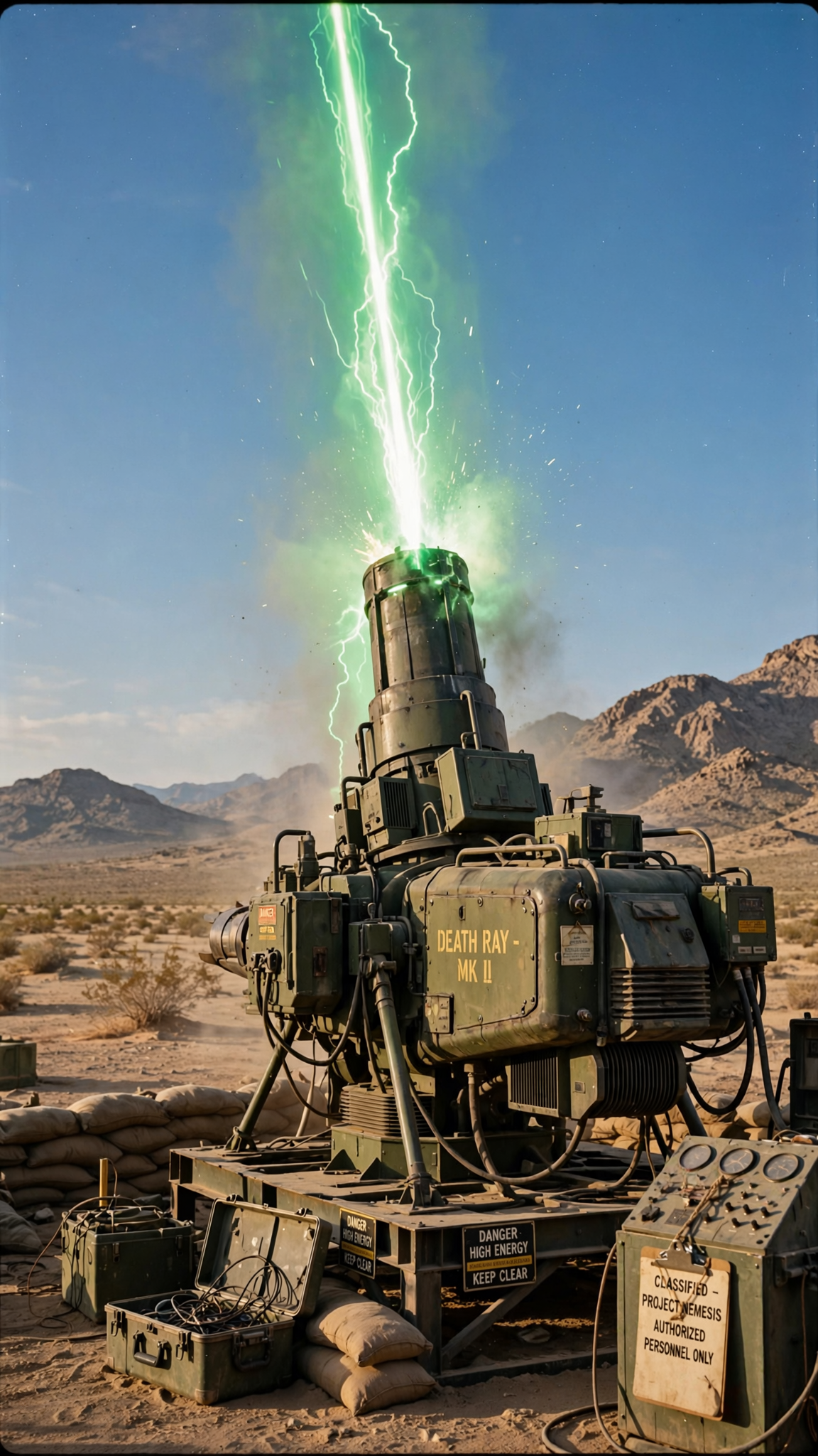 iPhone wallpaper showing a desert-mounted death ray machine — a military laser weapon firing a crackling green beam into the sky.