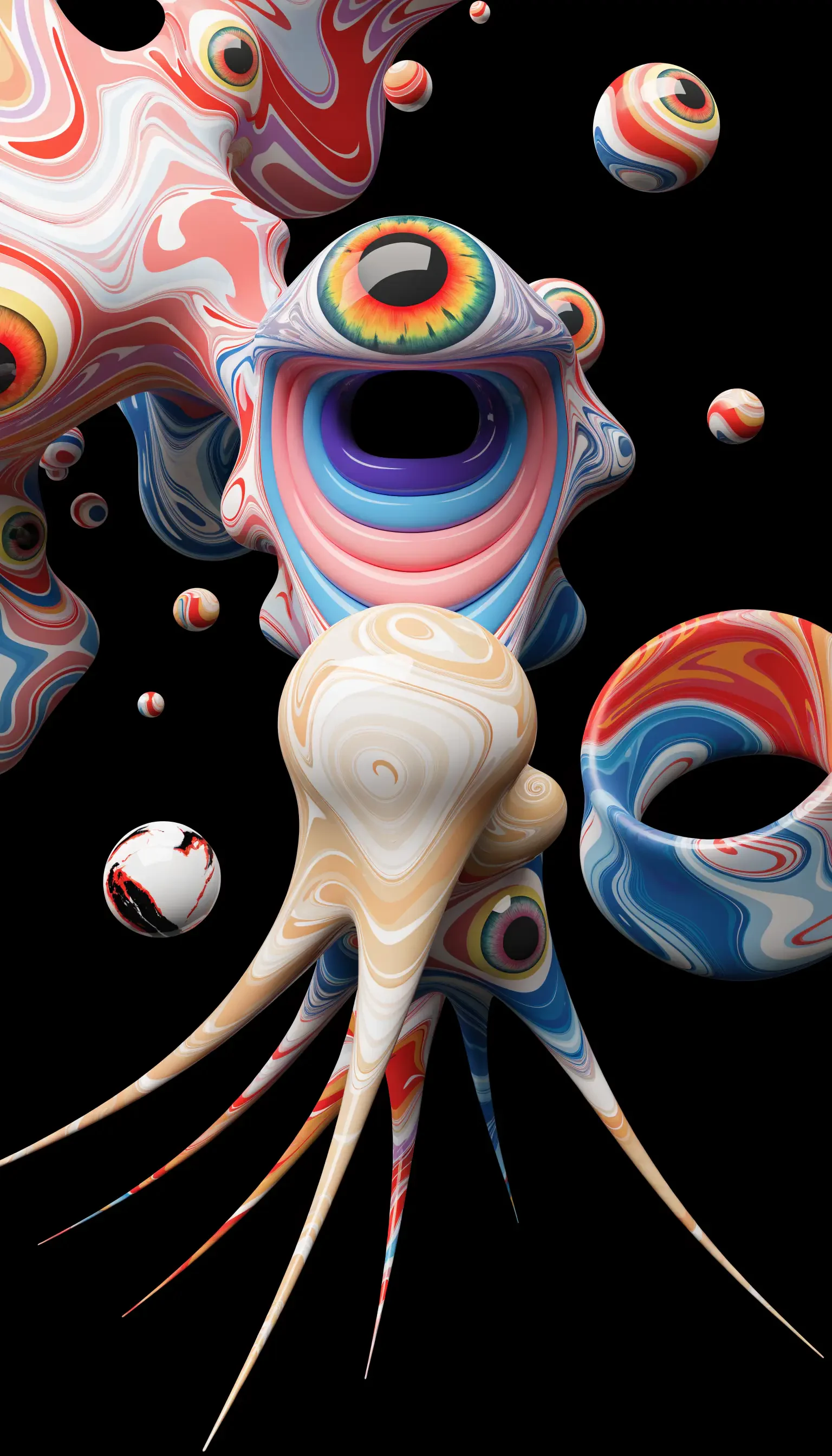 Vertical phone/iPhone wallpaper: colorful alien monster with one rainbow eye, open mouth and long marbled tentacles, surrounded by floating marbled spheres on black.