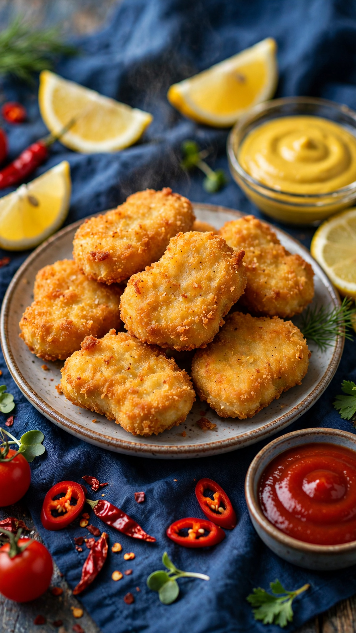 iPhone wallpaper showing golden chicken nuggets on a plate with lemon wedges, mustard and ketchup bowls, chili slices and herbs on a deep blue cloth.
