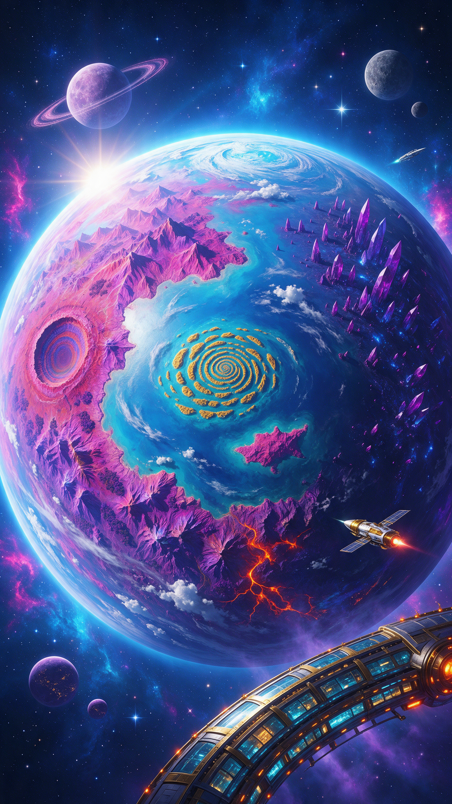 Sci‑fi planet iPhone wallpaper: turquoise sea with golden spiral, magenta jagged continents and crater, ringed moon, distant moons and stars, spacecraft and curved space station.