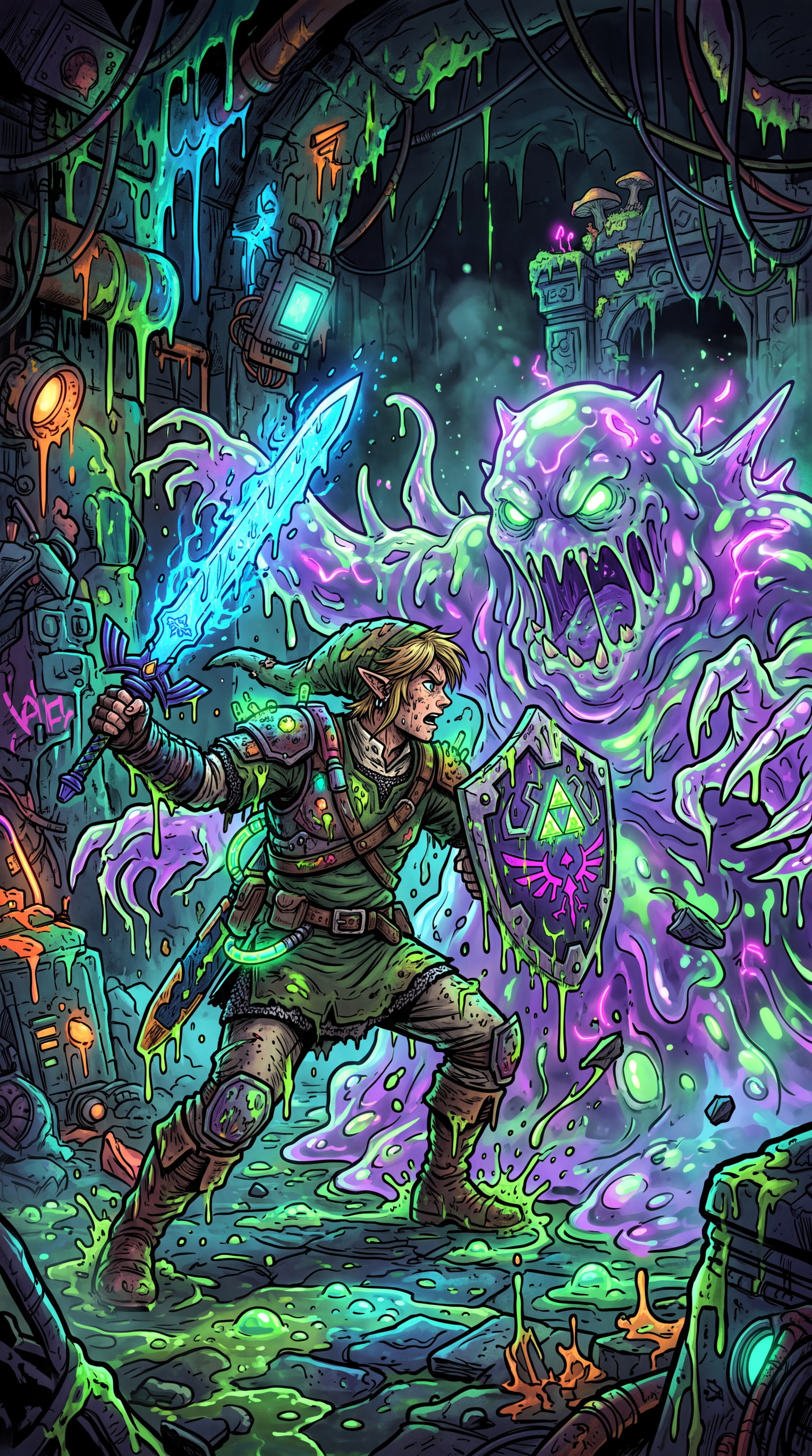 iPhone wallpaper: The Legend of Zelda hero wields a glowing sword and shield against a towering neon purple slime monster in a dripping, techno-toxic dungeon.