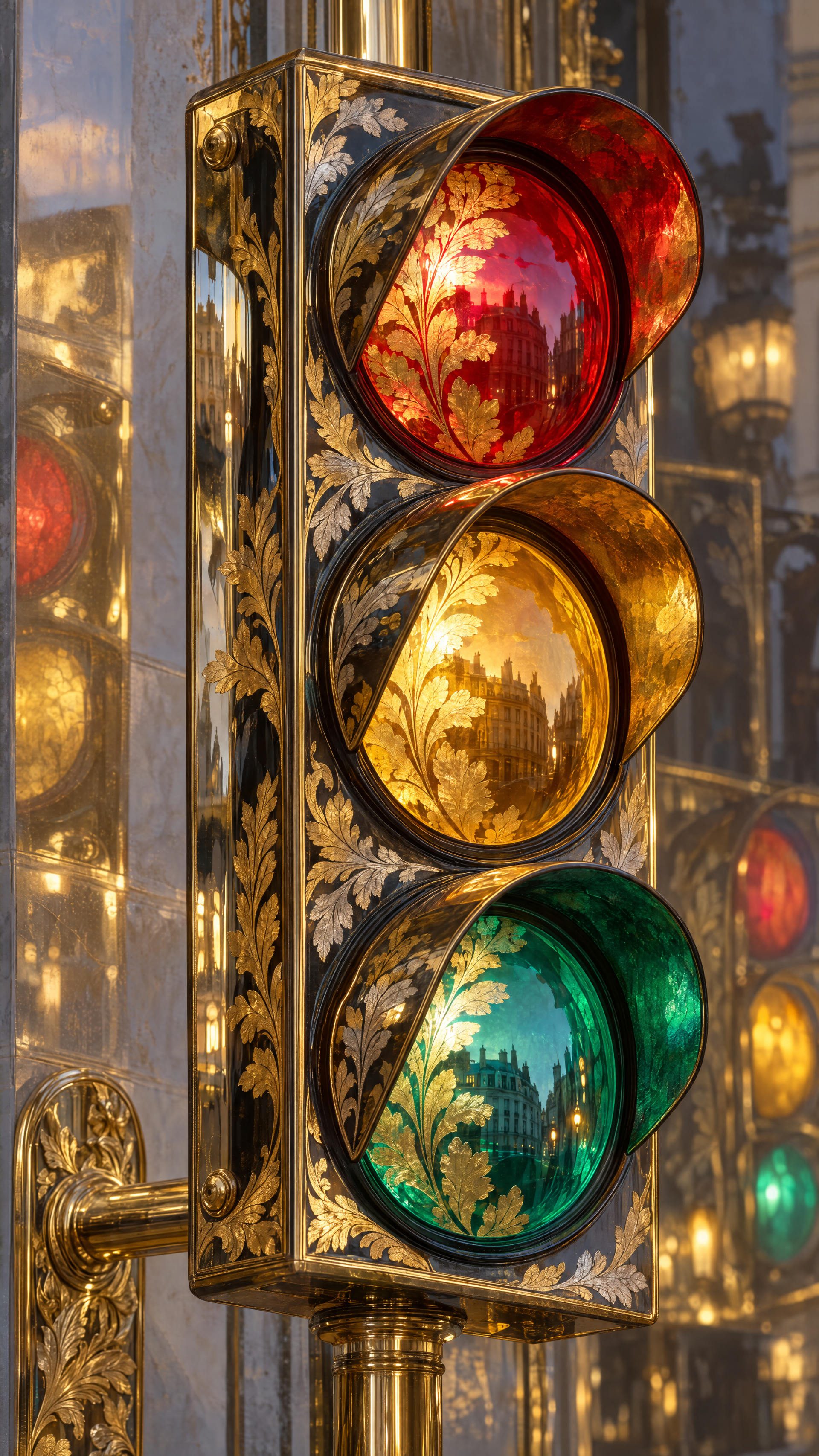 Ornate gold traffic light signal with red, amber and green leaf-etched lenses and mirrored reflections — vertical iPhone wallpaper.