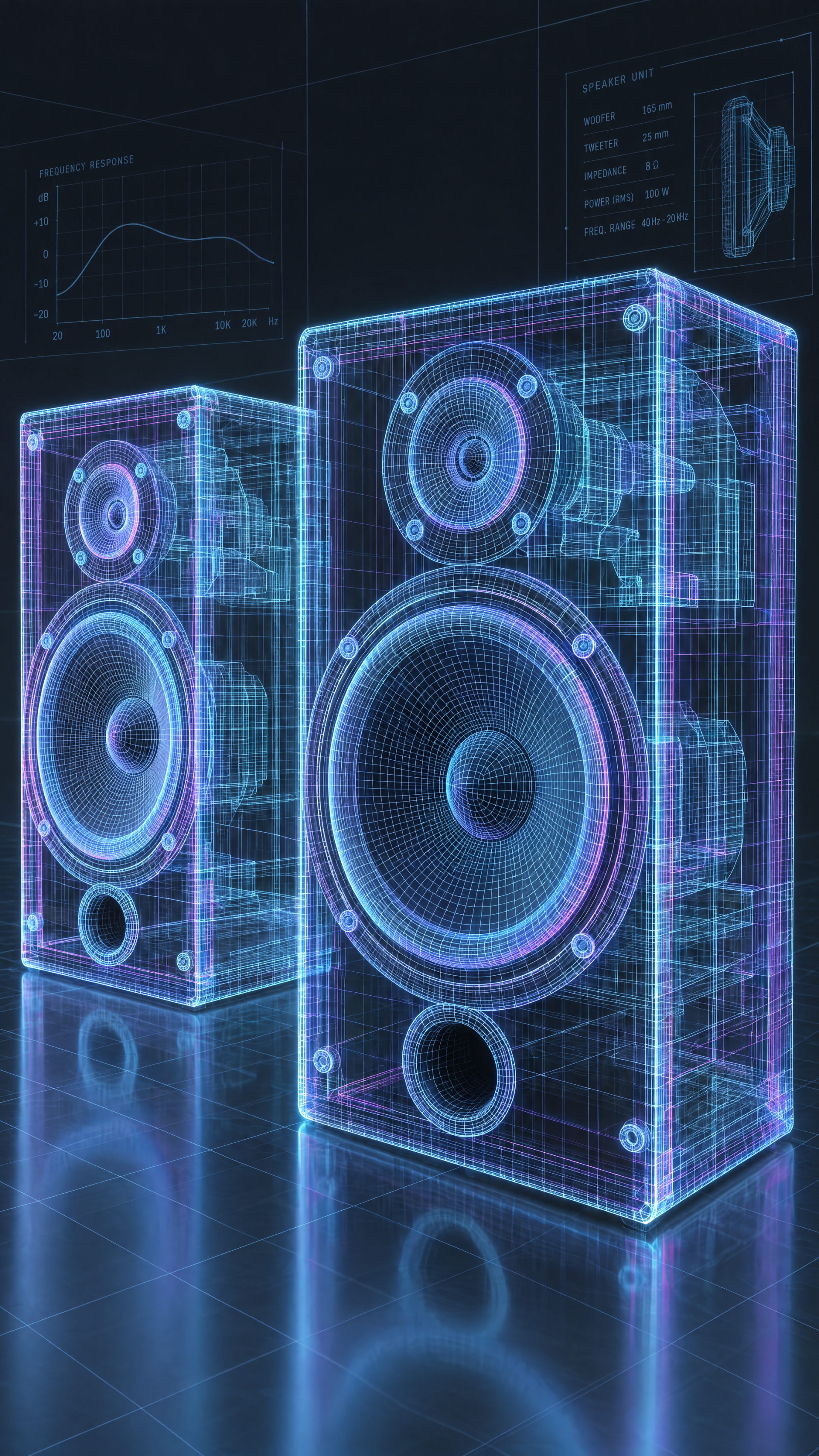 Neon wireframe stereo speakers in blue-purple 3D audio render, phone/iPhone wallpaper.