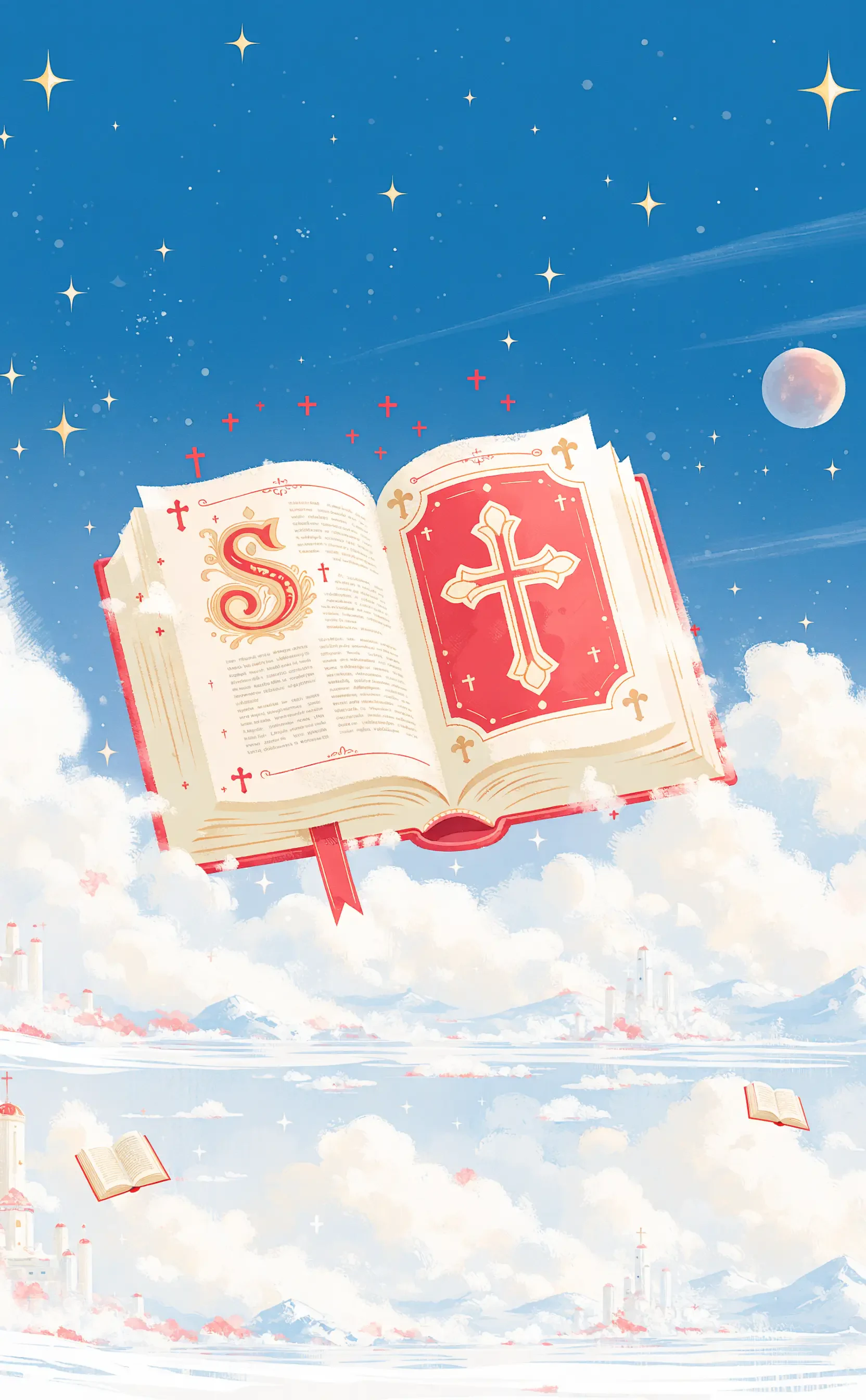 Vertical iPhone wallpaper: an open scripture Bible with a red cover and gold cross floats among clouds and stars, other books drifting in a pastel blue sky.