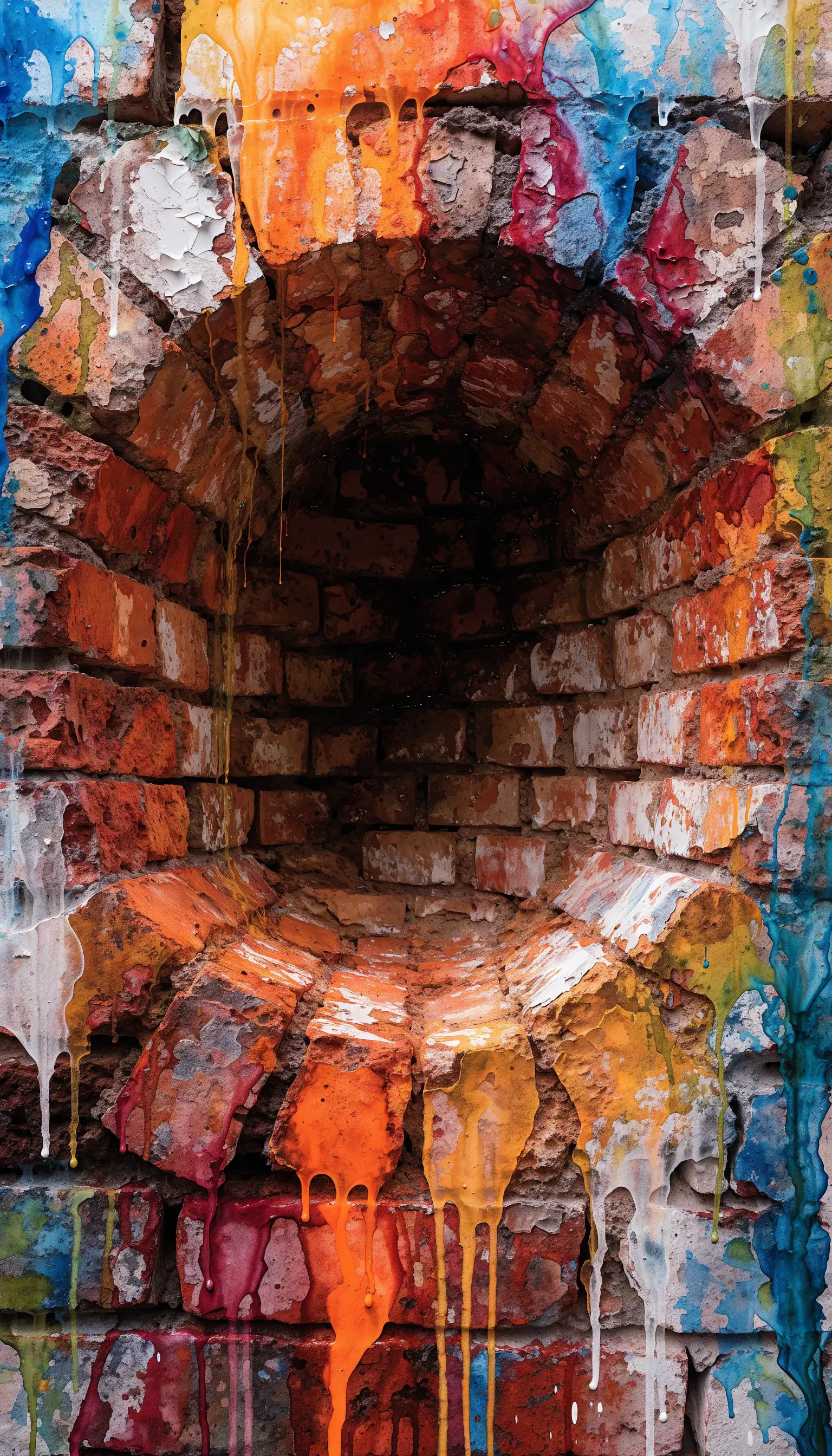 iPhone wallpaper of a brick wall mural: a circular recessed brick niche splashed with vibrant, dripping graffiti paint in bold orange, blue, pink and yellow.
