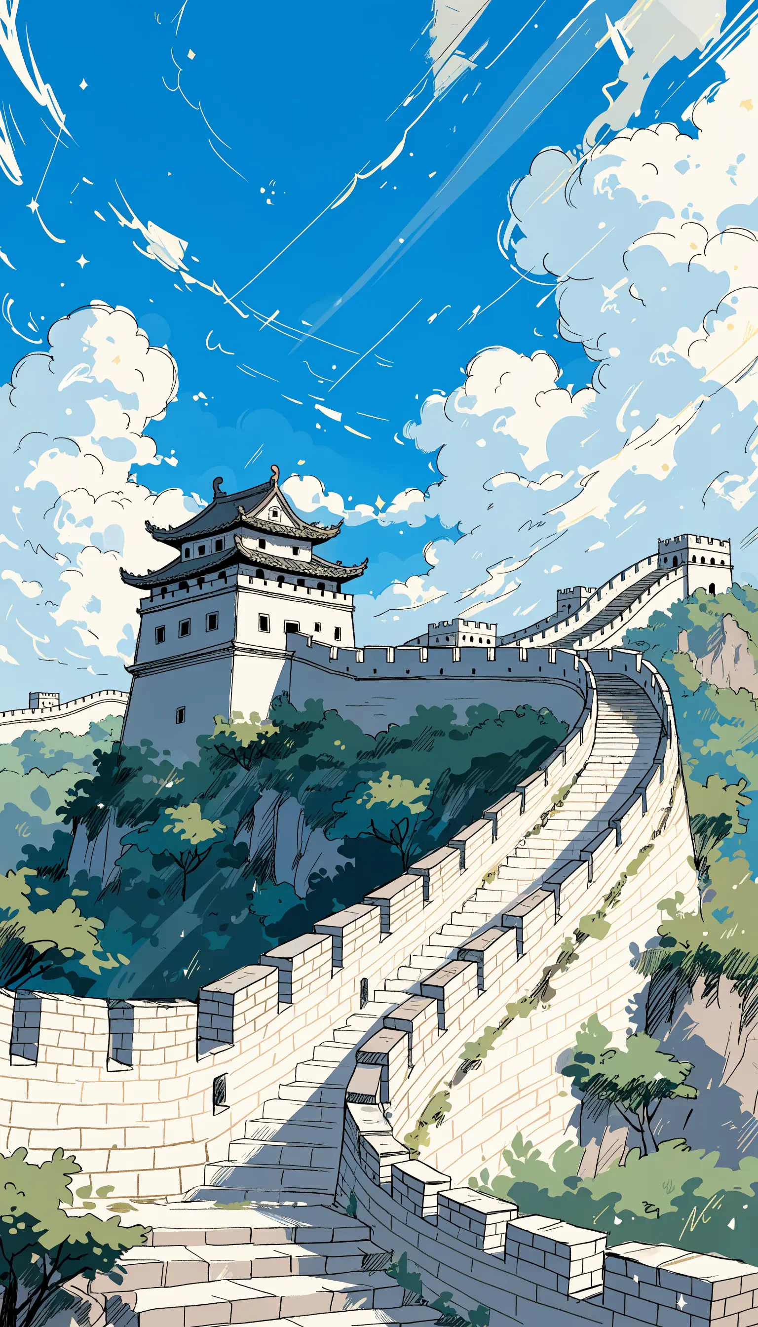 iPhone wallpaper depicting the Great Wall of China winding along hills toward a stone watchtower beneath a bright blue sky dotted with white clouds.