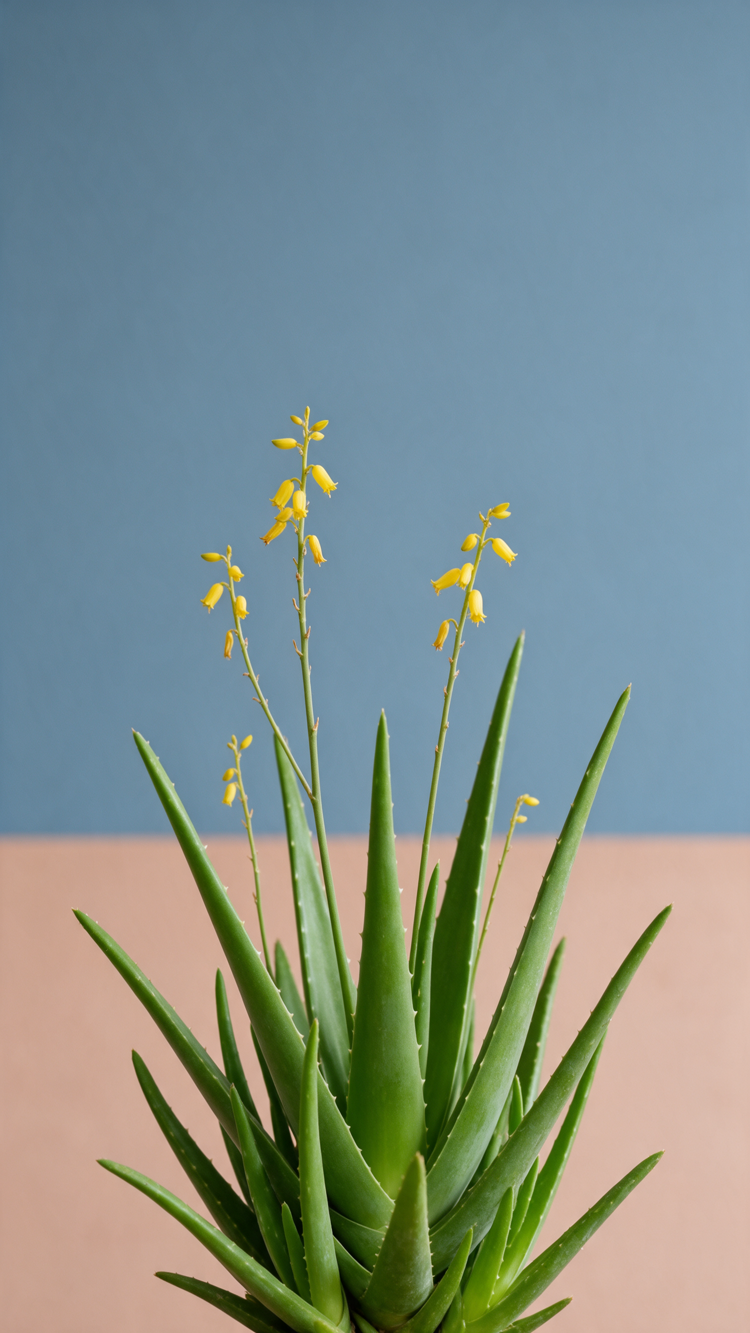 Aloe vera succulent with slender leaves and yellow blooms centered against a two-tone blue and peach backdrop — vertical iPhone wallpaper.
