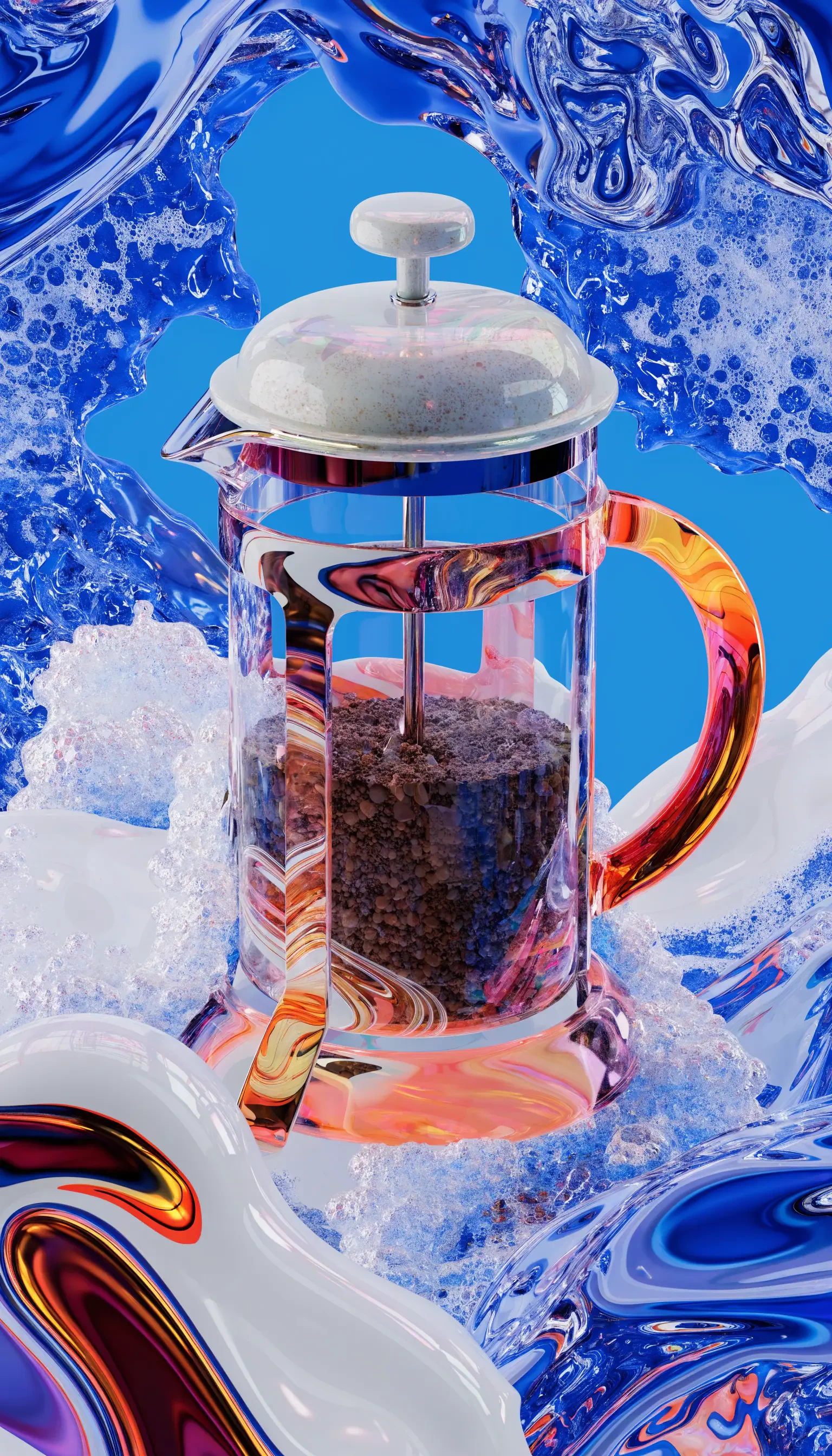 Iridescent French press holding coffee grounds against swirling blue liquid and crystalline ice textures — iPhone wallpaper.