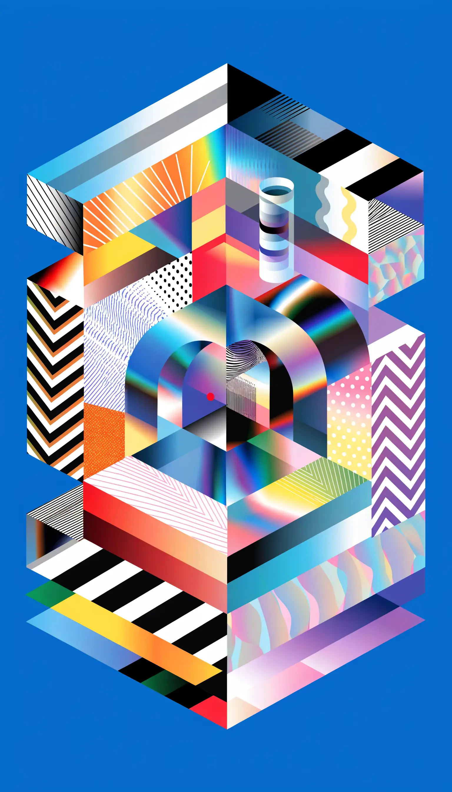 Isometric abstract geometric pattern iPhone wallpaper: vibrant stacked blocks, arches and stripes in rainbow gradients on a cobalt-blue background.