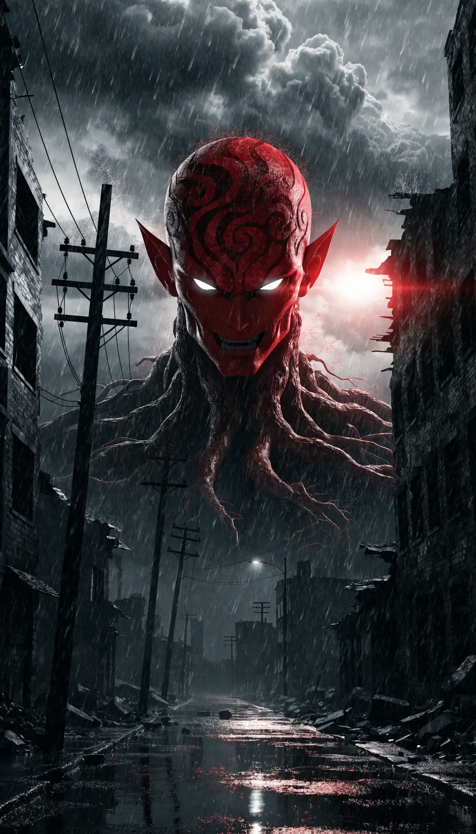 iPhone wallpaper: giant red demon monster with glowing eyes and root-like tentacles looming over a rain-soaked, ruined city street.