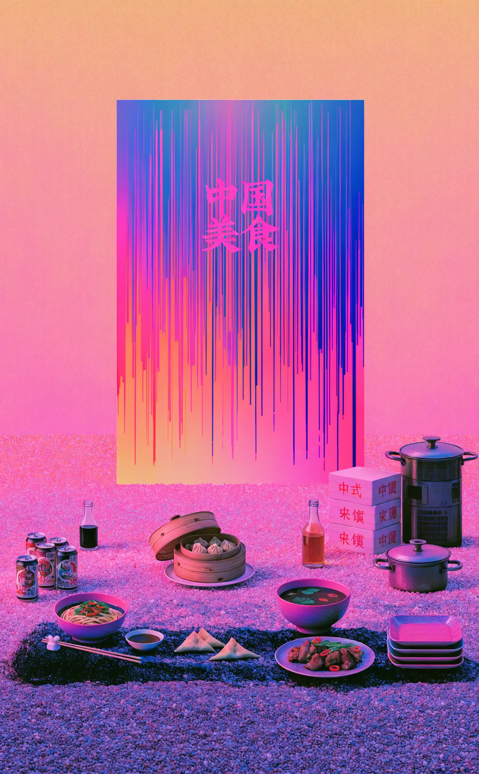 Neon iPhone wallpaper of a Chinese food spread: steaming hot pot, dumplings, bowls, condiments and cans staged on a glowing surface beneath a dripping gradient panel.