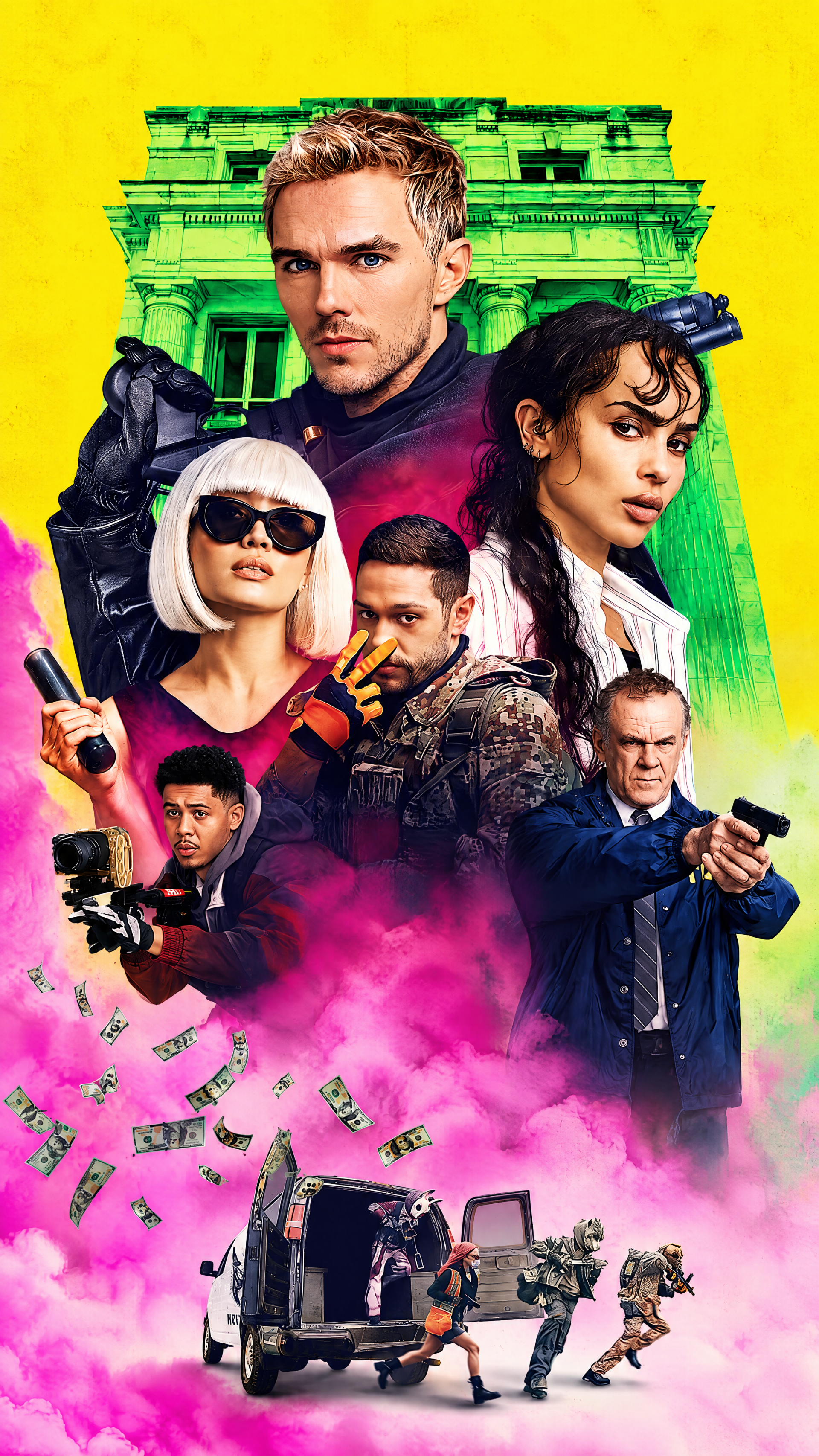 How to Rob a Bank iPhone wallpaper poster: neon collage of armed characters holding guns, falling cash, a getaway van and pink smoke.