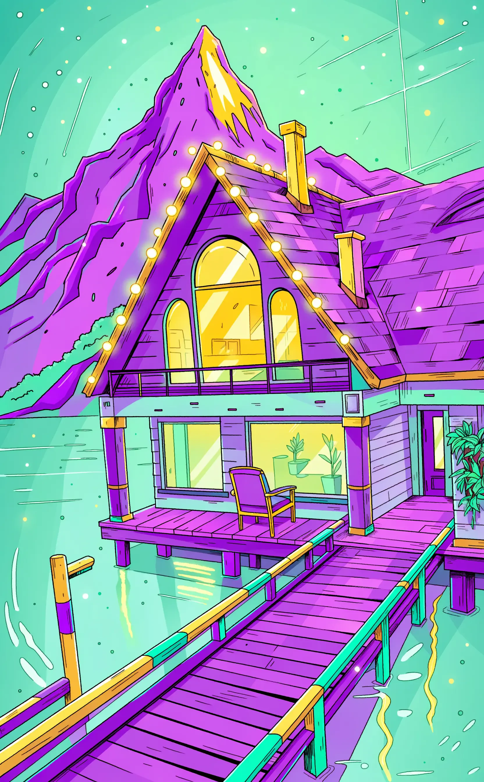 iPhone wallpaper of a vibrant purple lake house cabin with warm-lit windows, a wooden dock and chair, shimmering reflections on the water, and a towering mountain rising behind it.