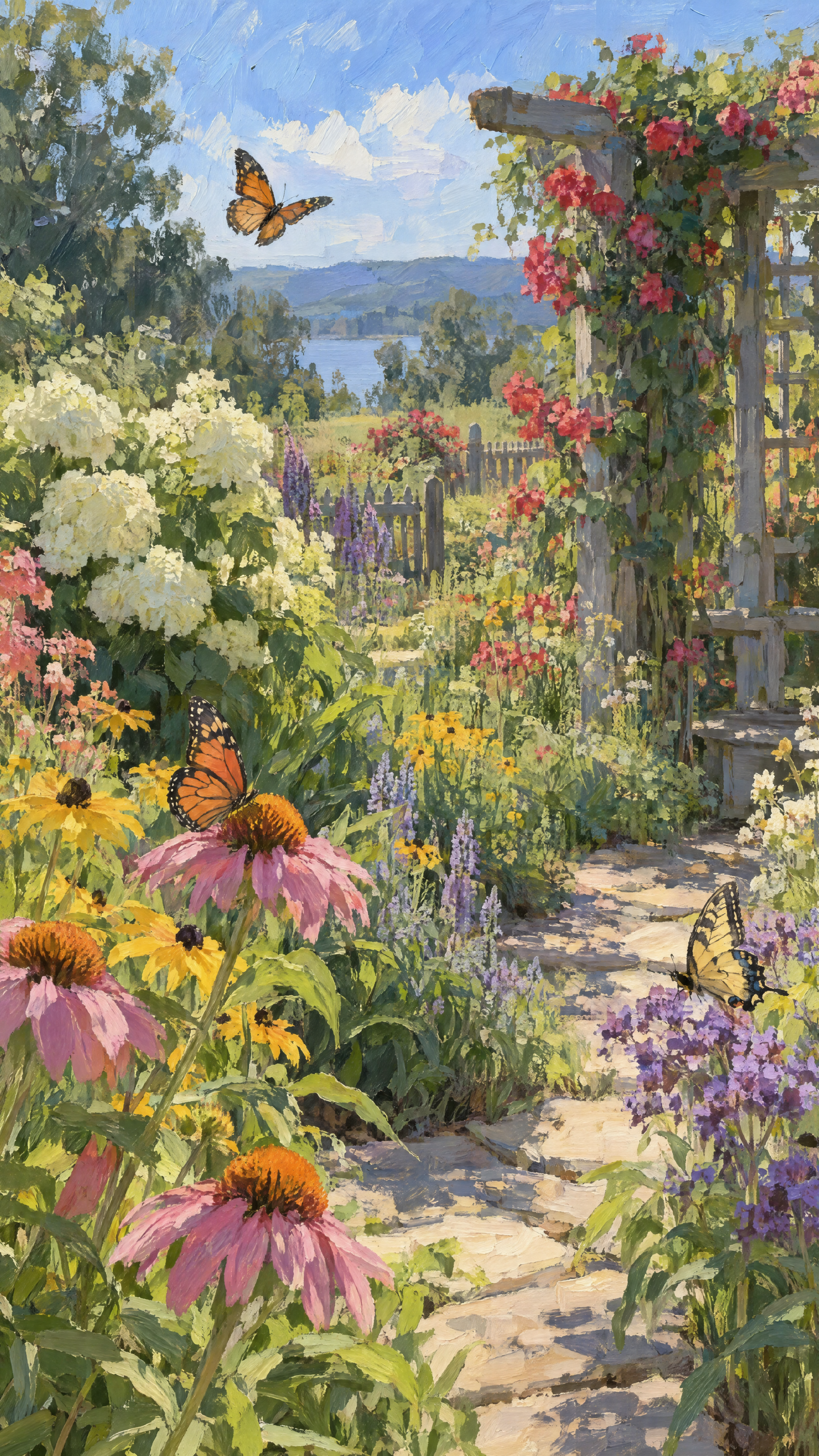 Vertical iPhone wallpaper: sunlit butterfly garden path with coneflowers, lupines and climbing roses on a pergola, monarch butterflies fluttering toward a lake and distant hills.