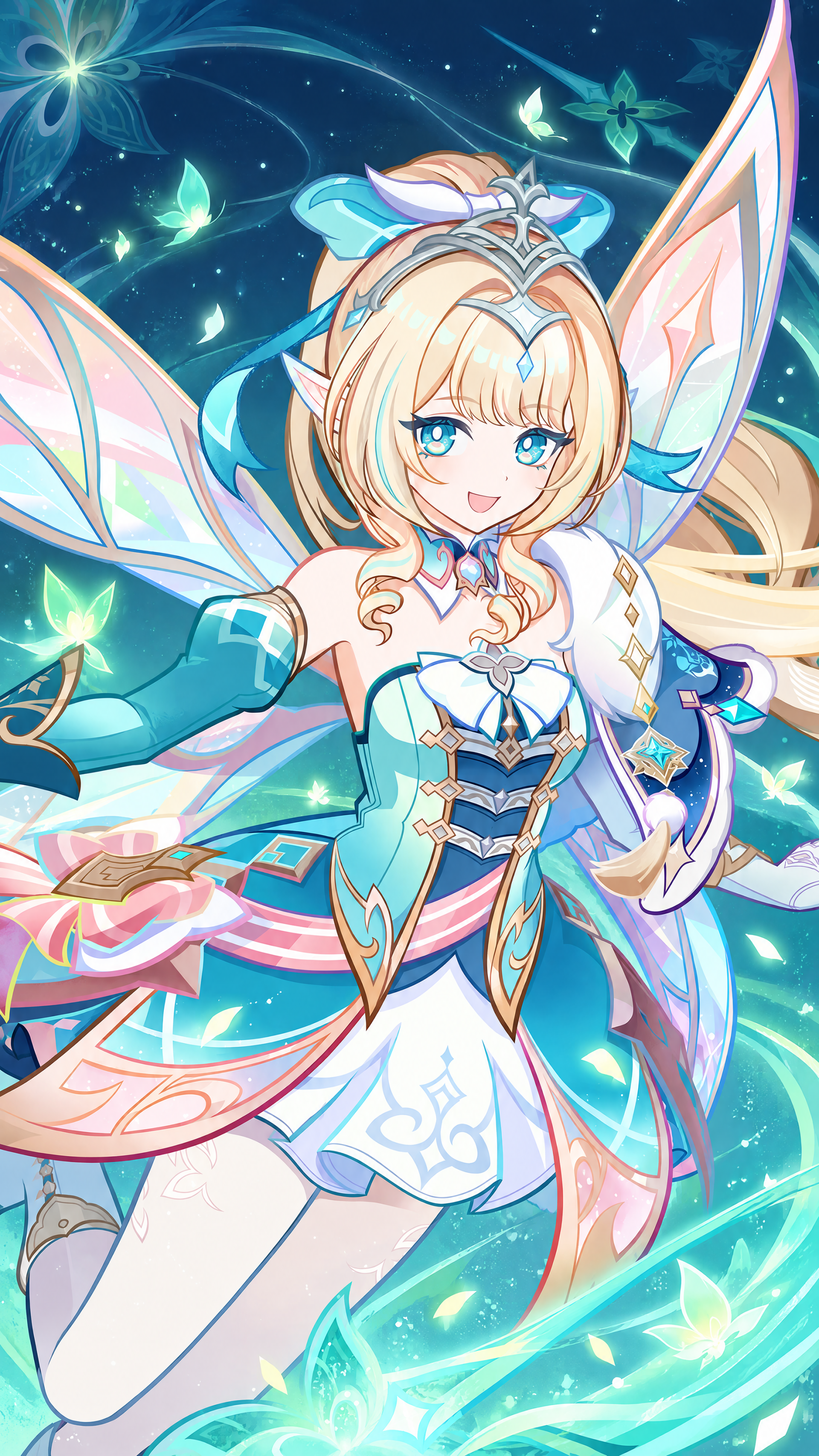iPhone wallpaper of Genshin Impact (genshin-vesna) anime fairy girl — blonde, blue-eyed Vesna in a teal-pink ornate outfit with translucent wings surrounded by glowing green butterflies