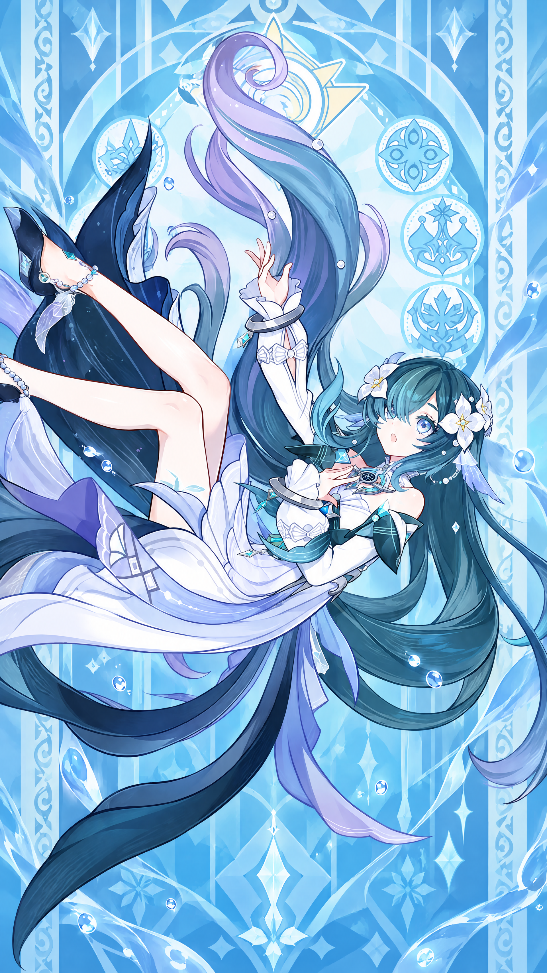 iPhone wallpaper of Genshin Impact's Vodyanitsa: anime girl with long blue hair and flowing gown, floating amid icy-blue magical motifs and delicate bubbles.