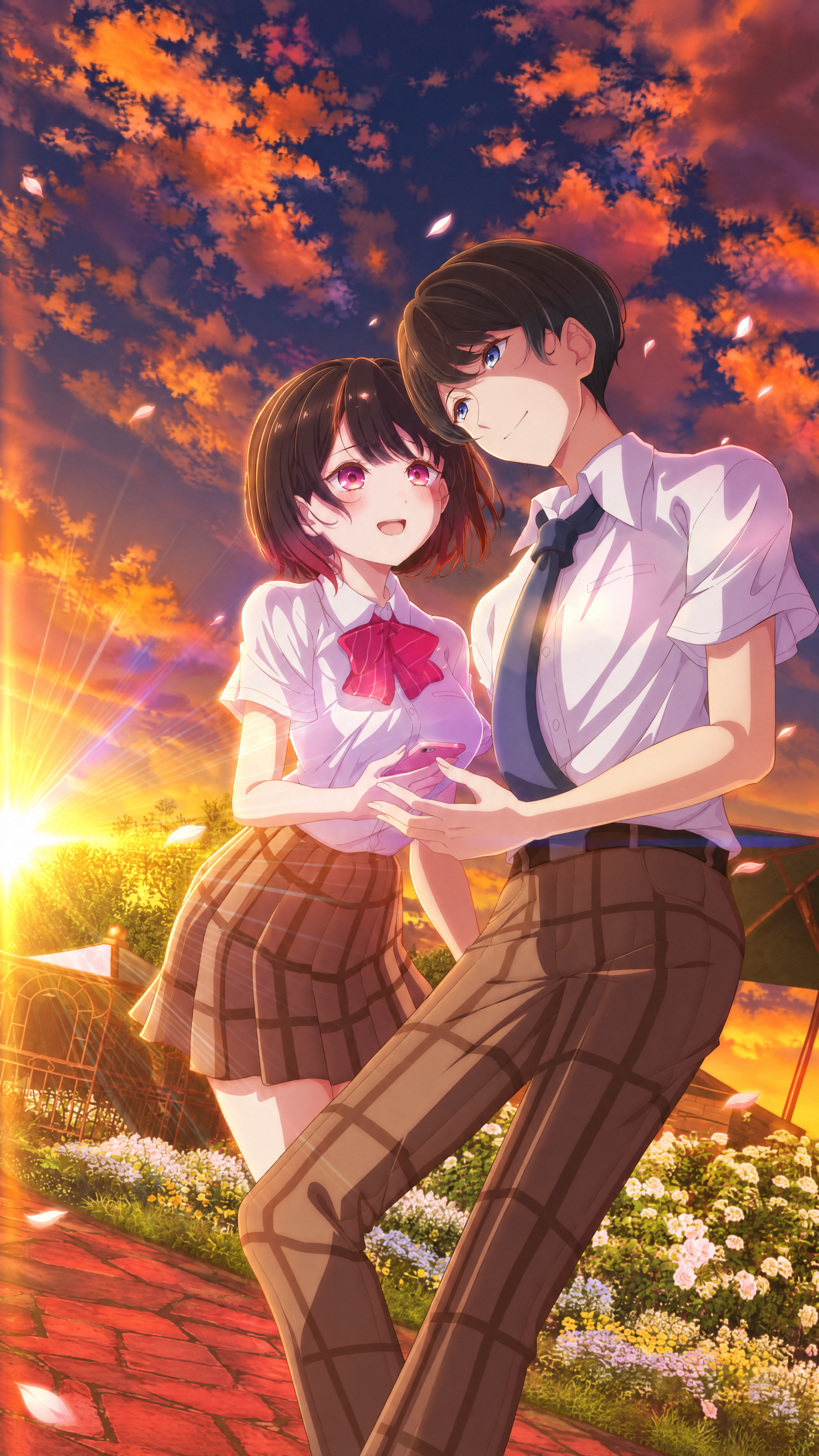 iPhone wallpaper of an anime couple from The Salty Koharu Has a Soft Spot for Me — a schoolgirl and her classmate holding hands at sunset, warm glowing colors.