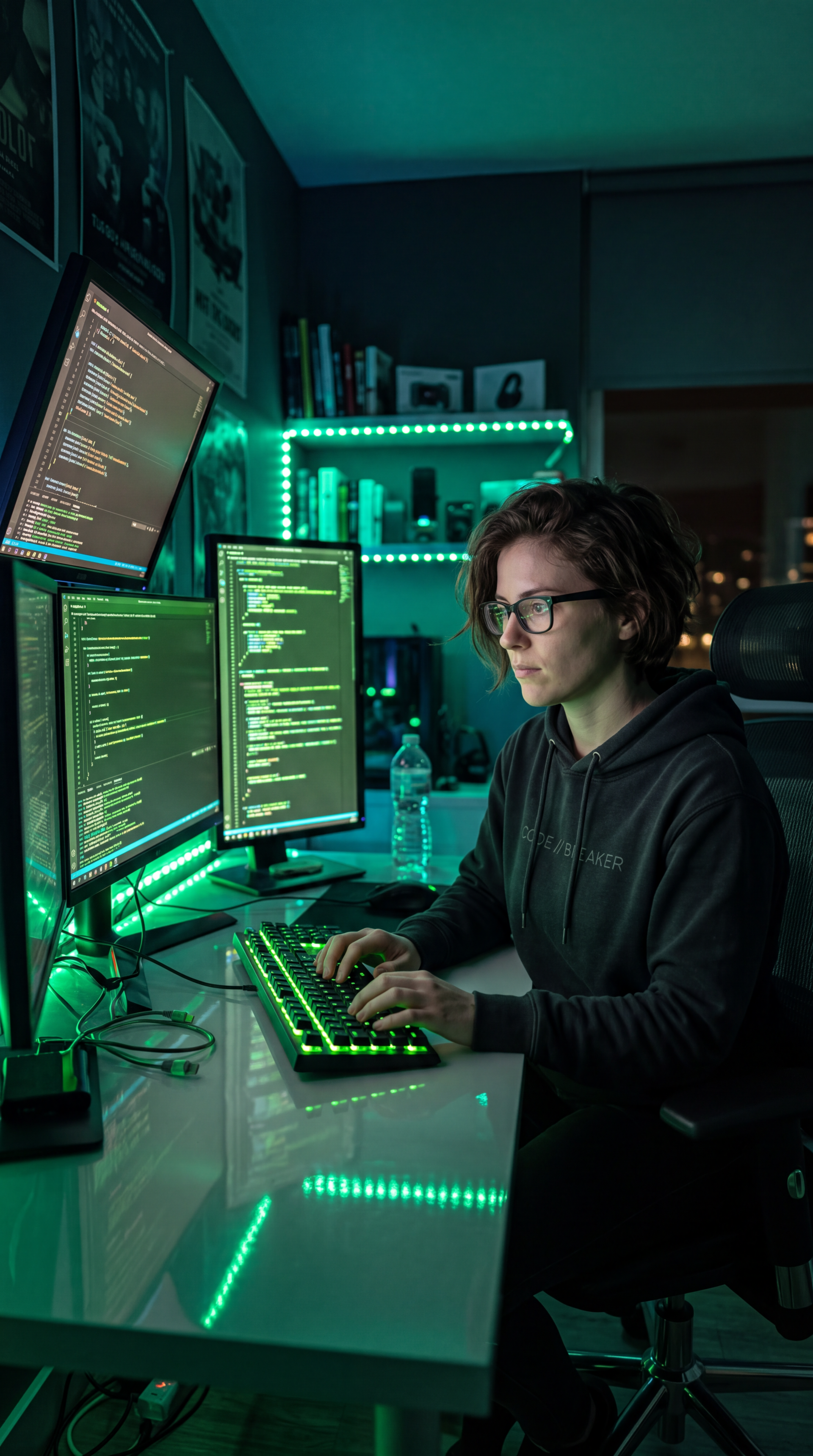 iPhone wallpaper of a coder/programmer coding at a multi-monitor computer desk, typing on a green-lit mechanical keyboard in a dark, teal-lit workspace.